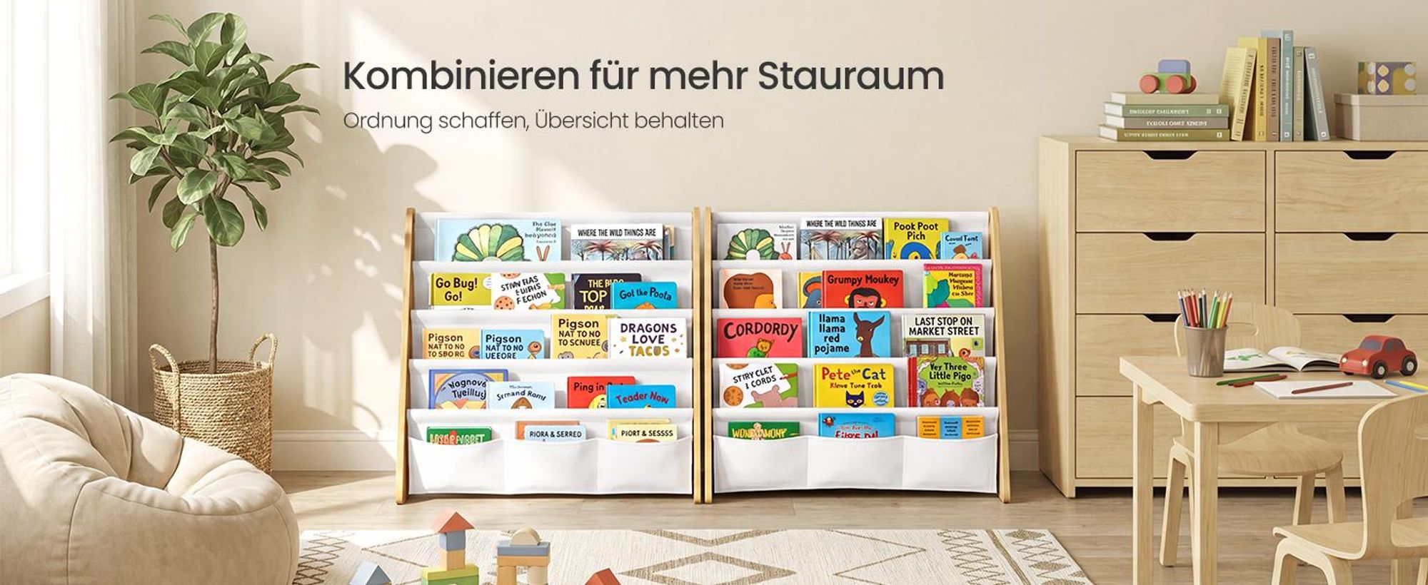 SONGMICS Kinderregal Bücherregal mit 4 Ebenen Sicher und Stabil für Kinderzimmer 62,4 x 25 x 60 cm Gelb und Weiß