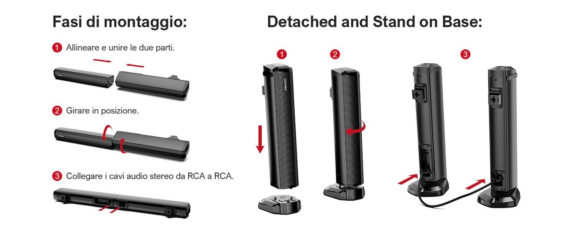 ULTIMEA Soundbar a 2.2 canali per televisori, soundbar 2-in-1 divisibile, Bluetooth® 5.3, 3 modalità EQ e bassi regolabili, ARC/Ottico/Aux, Apollo S40