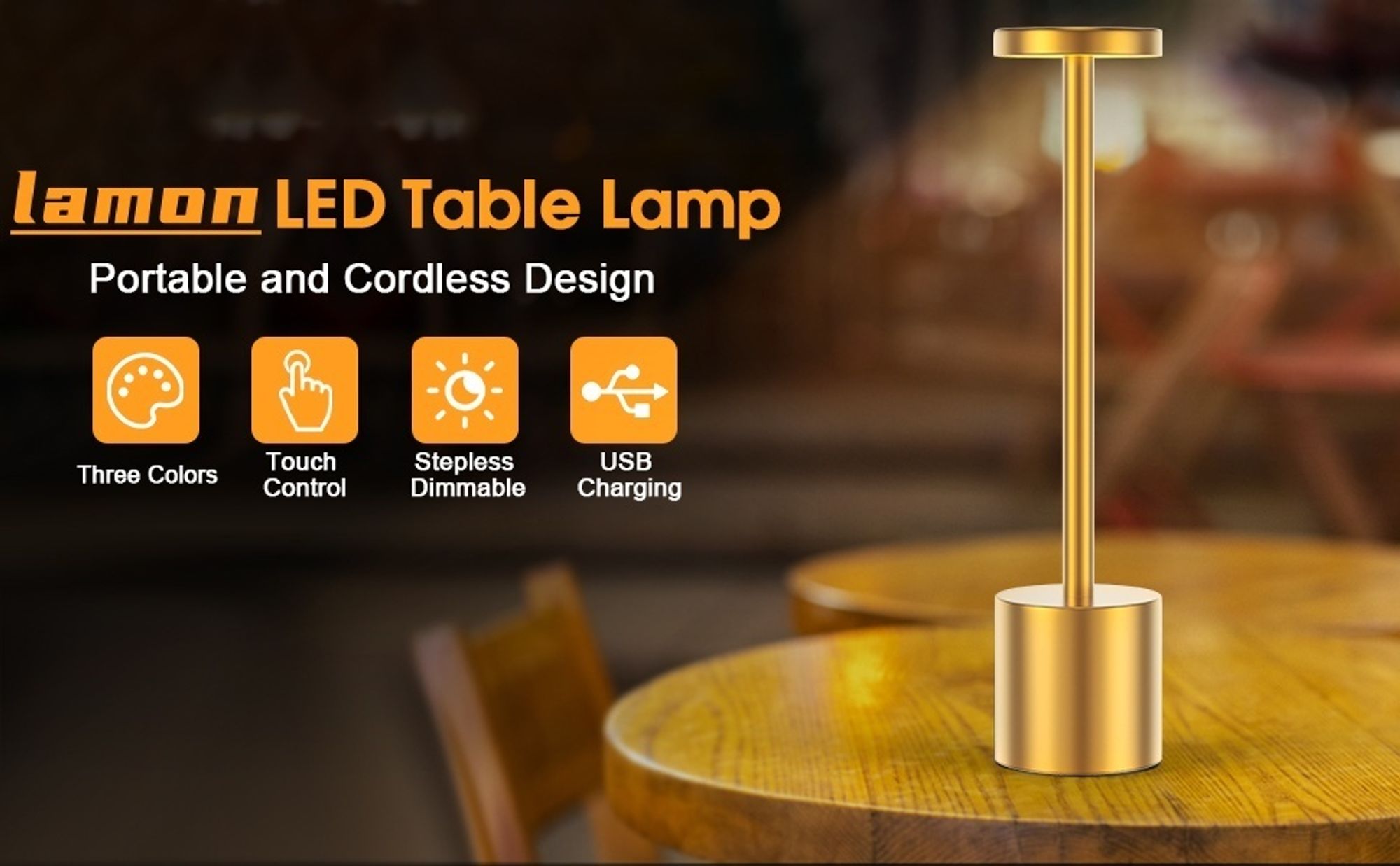 LED Nachtlichter Akku Tischlampe Kabellos, 1800 mAh Batterie mit 3 Beleuchtungsmodi Dimmbar Tischlampe,LED Tischleuchte Nachttischlampe,golden
