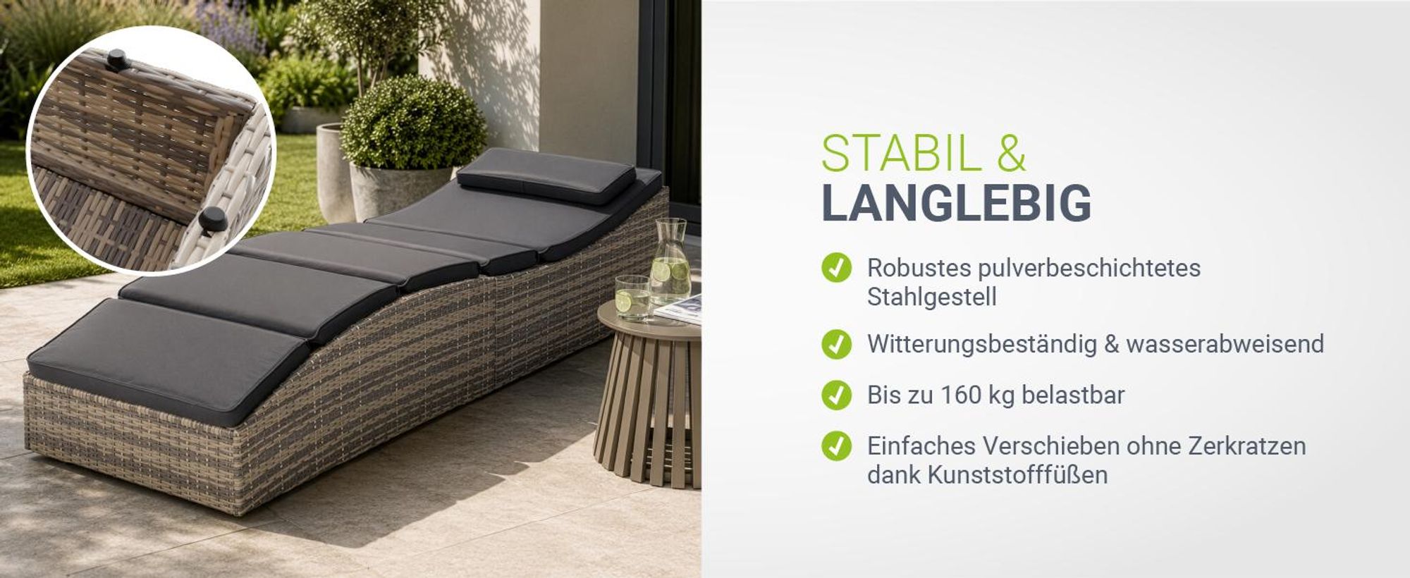 Juskys Sonnenliege Lamia klappbar - Polyrattan Gartenliege mit Auflage - Grau