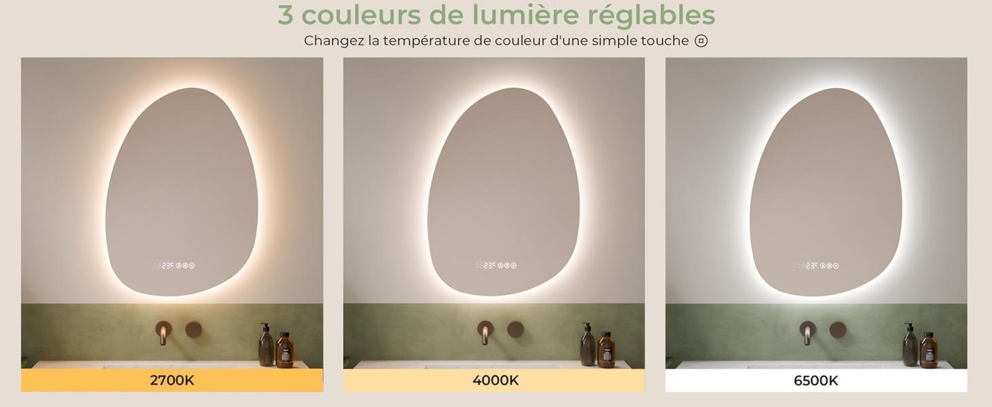 S'AFIELINA Miroir de salle de bain 75 x 55 cm avec éclairage Asymétrique avec 3 couleurs de lumière réglable, antibuée, Bluetooth, horloge, température, fonction mémoire