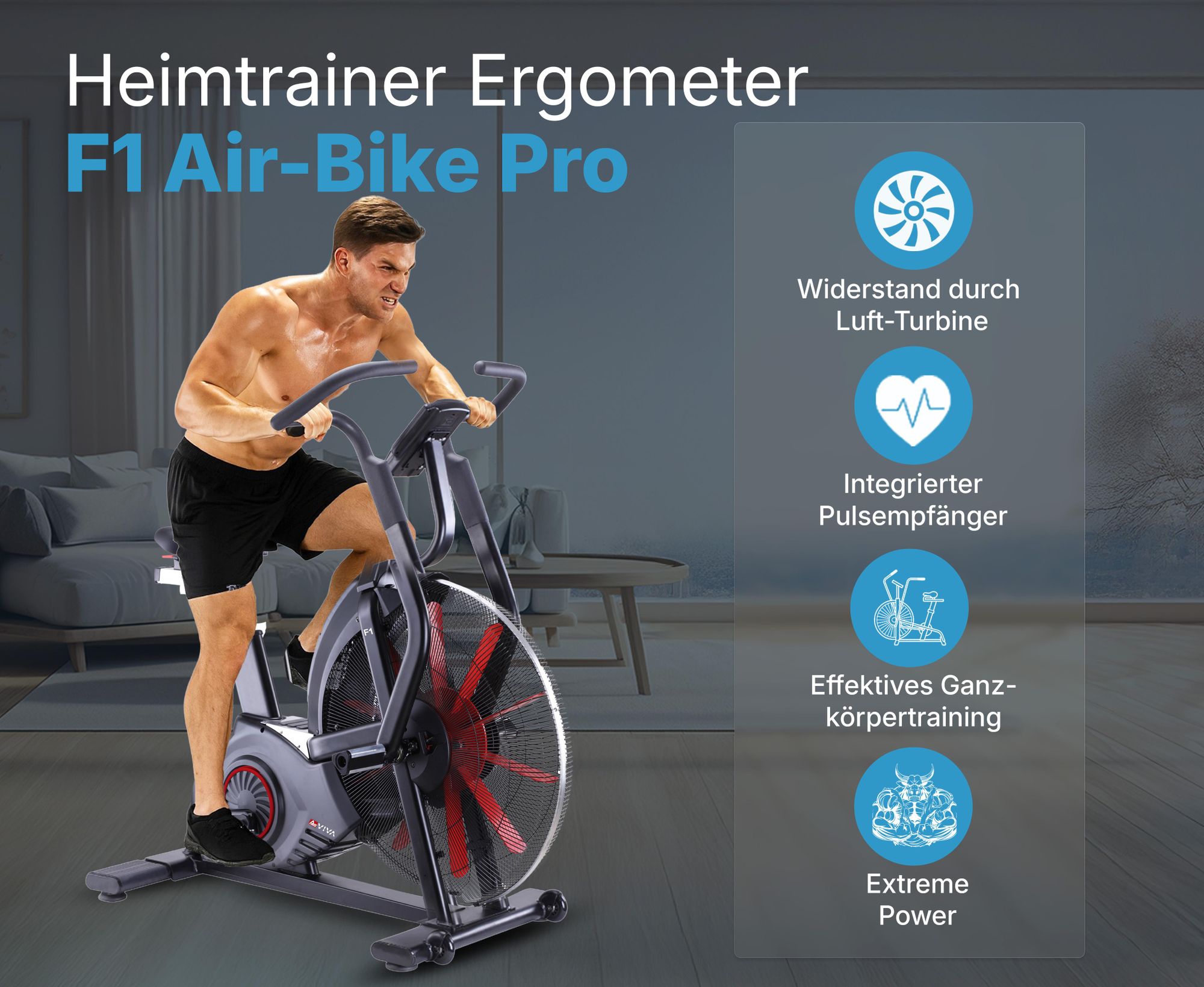 Air Bike AsVIVA F1 Heimtrainer mit Luftwiderstand HIIT Fitnessgerät bis 150kg für Zuhause