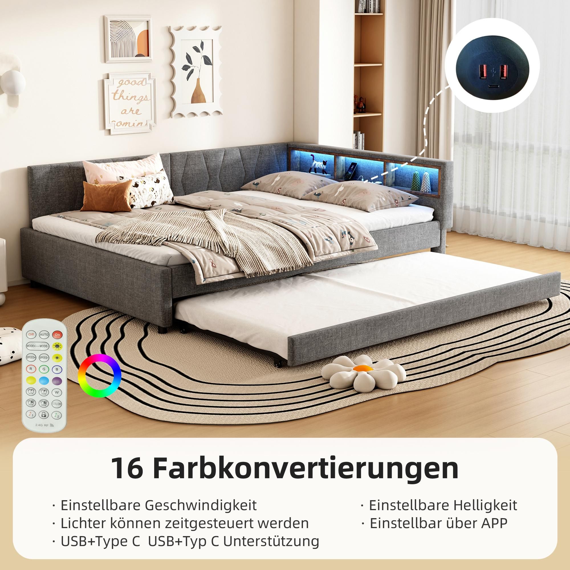 Merax Tagesbett Daybett 140x200 cm, mit Ausziehbett 90x190 cm, Gästebett mit LED, USB+Typ C, Schlafsofa, Leinen Polsterbett, Grau
