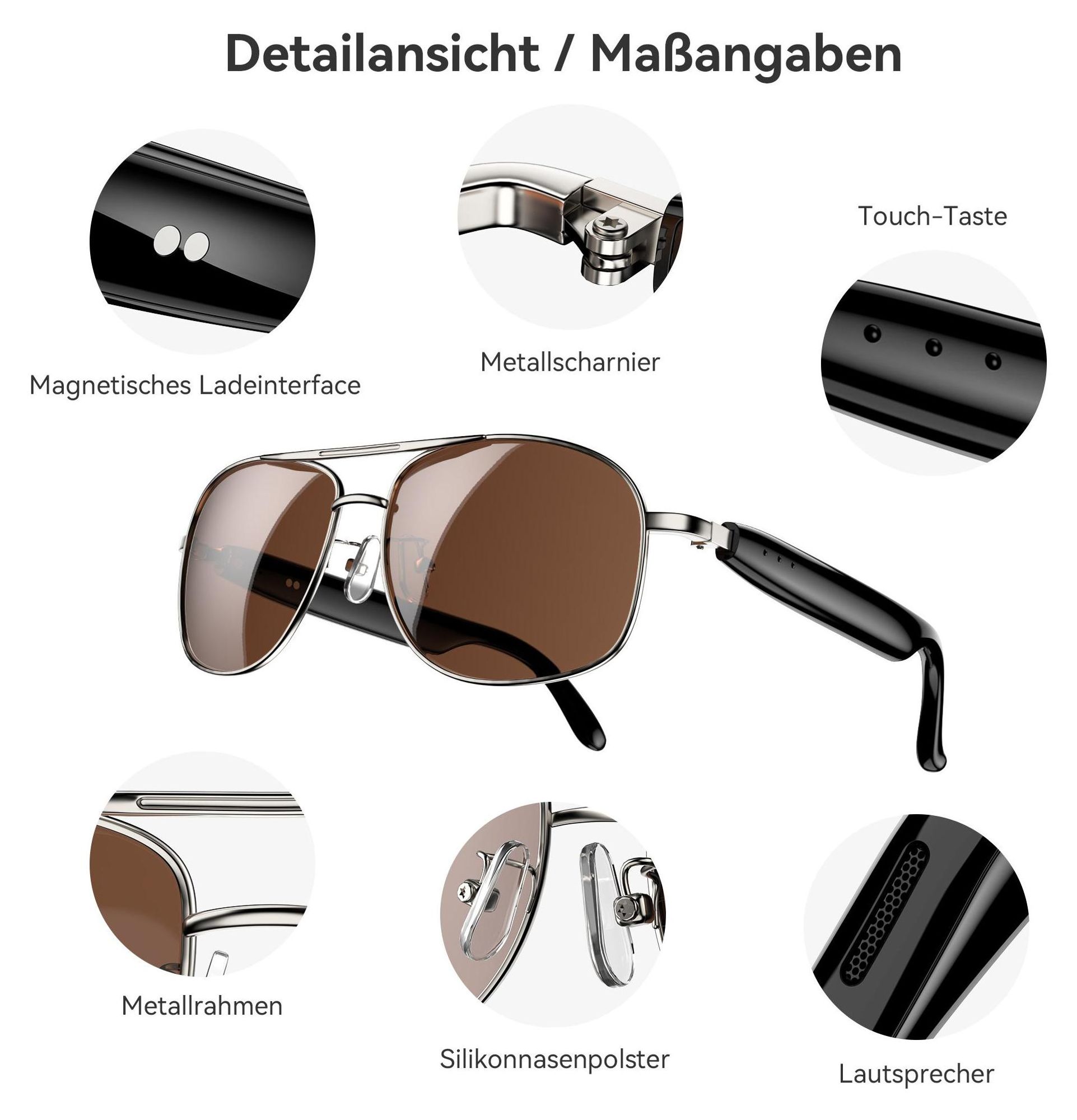 Blackview D1 Pro Smartbrille Bluetooth 6.0, 360° Raumklang, KI-Sprachsteuerung, IP54 Wasserfest, 6 Std. Musik, Leichte Metallbrille mit UV-Schutz