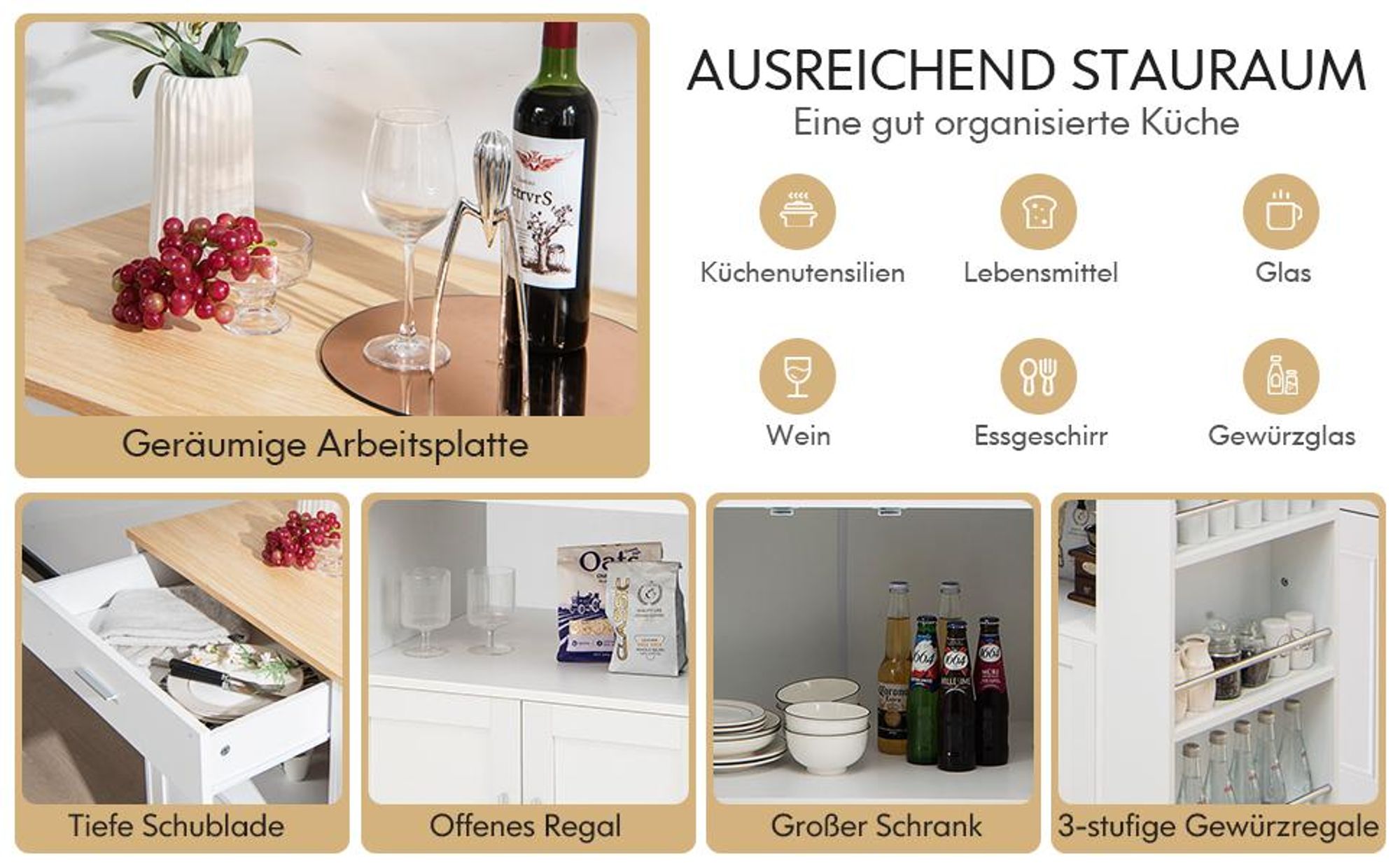 COSTWAY Küchenwagen auf Rollen, Servierwagen mit Arbeitsplatte, Handtuchhalter, 3 Gewürzregalen & Schublade, Kücheninsel Küchenschrank Holz Weiß