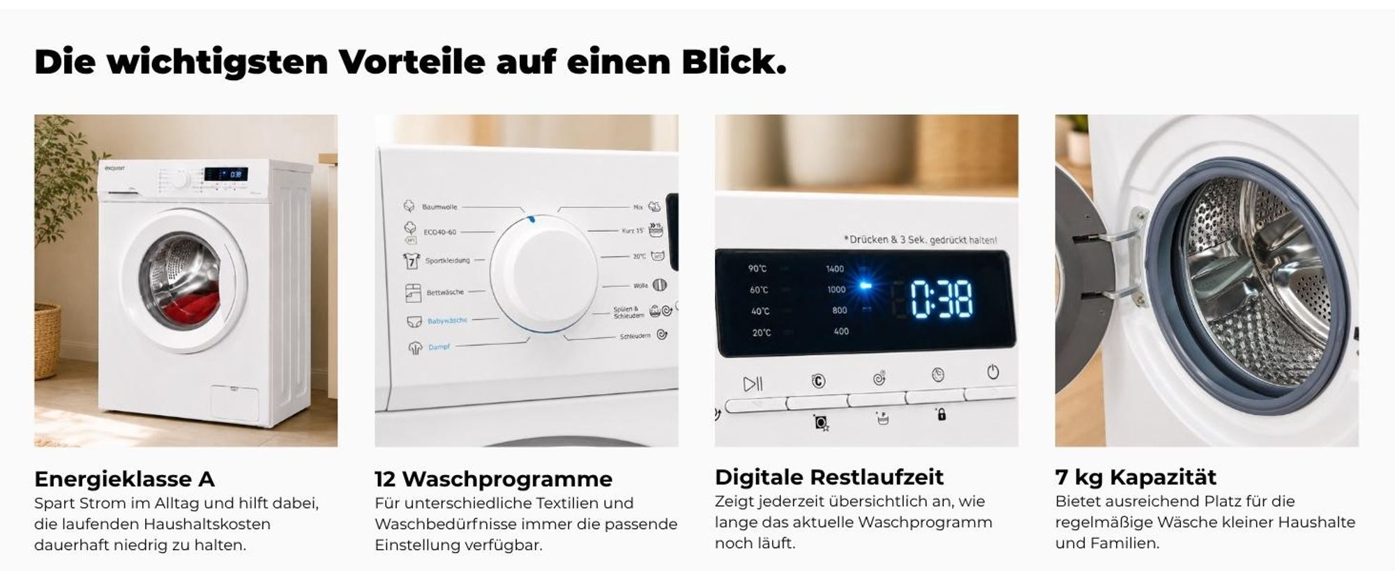 Exquisit Waschmaschine 7kg, Energieeffizienzklasse A, max. 1400 U/Min, Kurz -Mixprogramm, Startzeitvorwahl, 12 Waschprogramme, WA57014-020A weiss