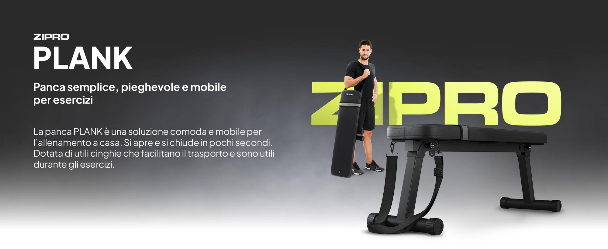 Panca piana Zipro Plank – Panca fitness pieghevole per la casa Ultracompatta con maniglia per il trasporto Resistente fino a 230 kg Panca da allenamento per manubri e hip