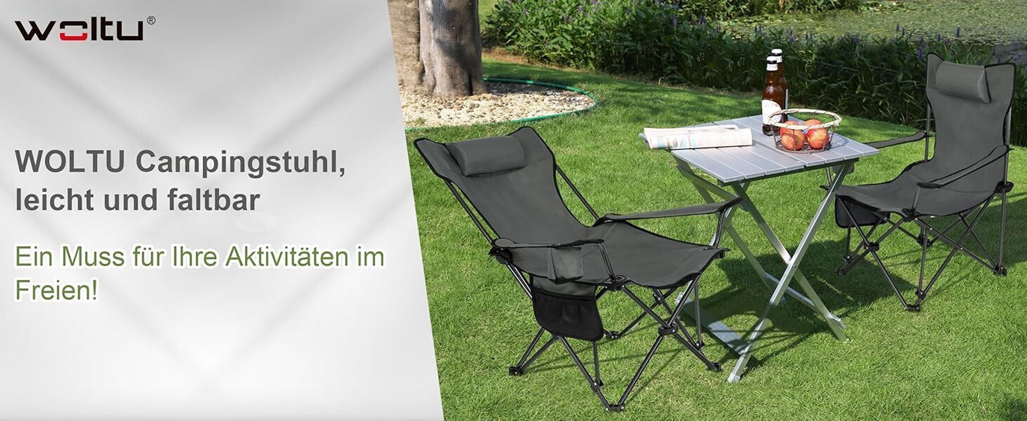 WOLTU Klappbarer Campingstuhl Leichter Angelstuhl mit Lehne Getränkehalter Grau