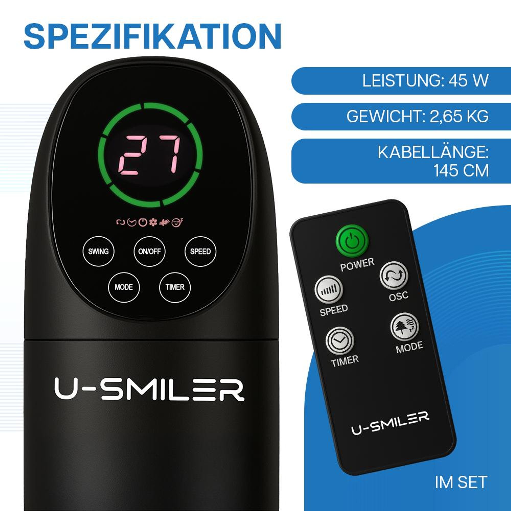 U-SMILER Turmventilator Leise 45W mit Fernbedienung, LED Display, 3 Modi & 3 Stufen, 90° Oszillation, Timer, 101 cm