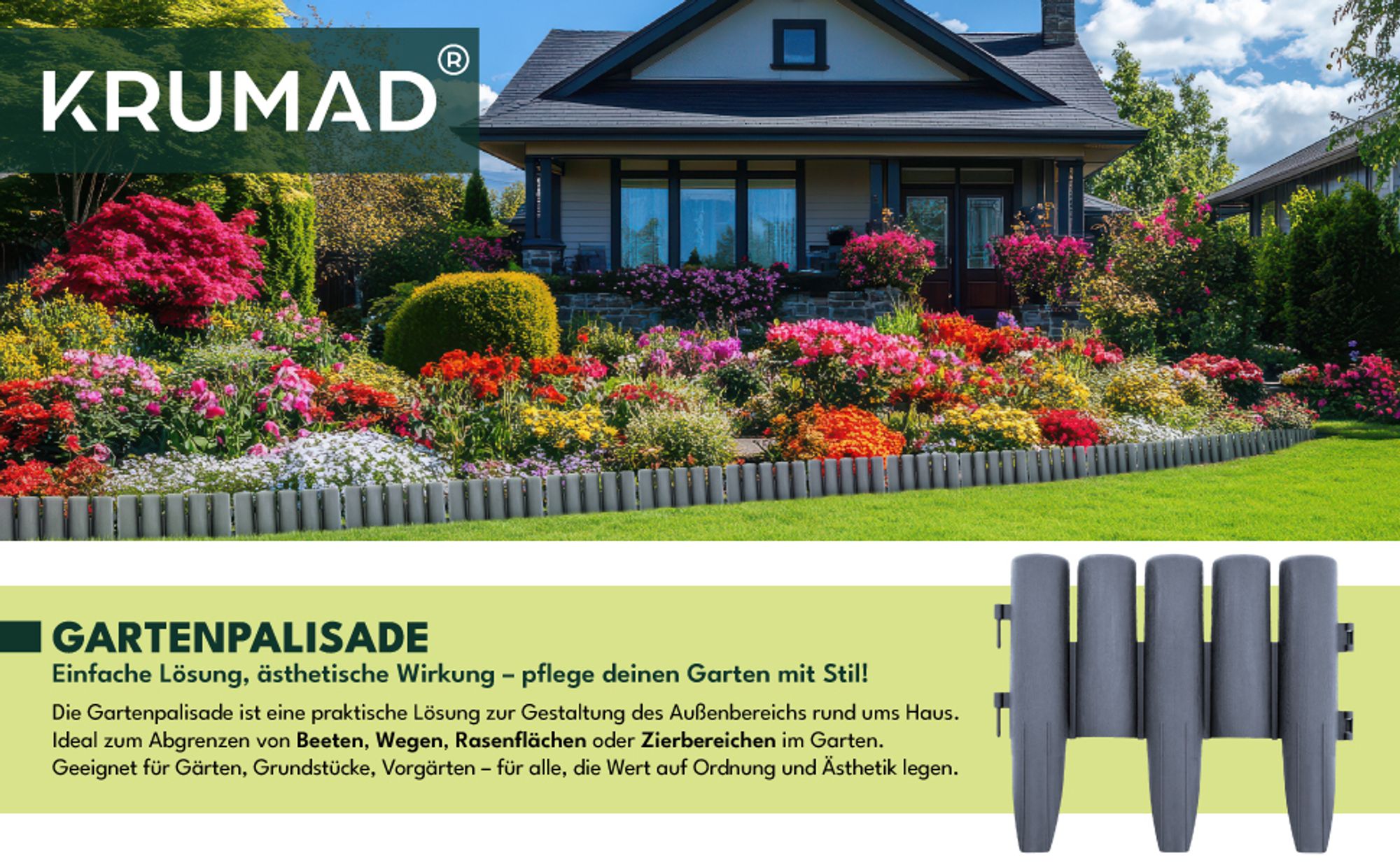 KRUMAD Rasenkante Kunststoff Holzoptik 10 Stück Set 2,8 Meter Höhe 24 cm Beeteinfassung Garten Flexible Beetumrandung Witterungsbeständig Grau