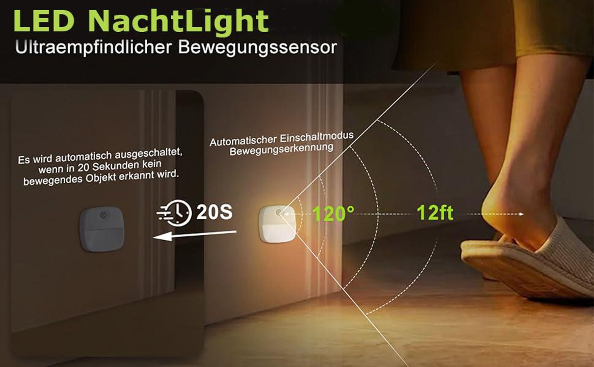 3 Stück LED Nachtlicht Batteriebetrieben Weiß mit Bewegungsmelder für Treppe, Schlafzimmer, Flur