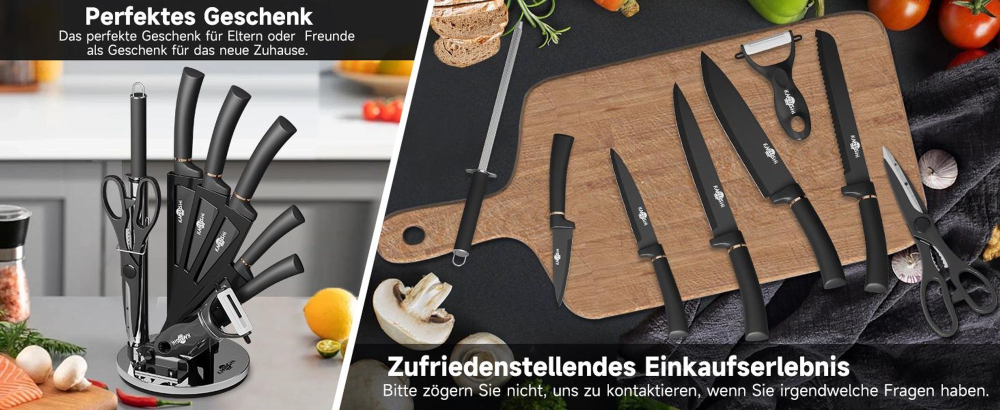 KAZUSHI 9-tlg Messerset mit Drehbare Messerblock, Profi Scharfe Messer Set mit Block, Edelstahl Küchenmesser - Schwarz (KA-KN91)