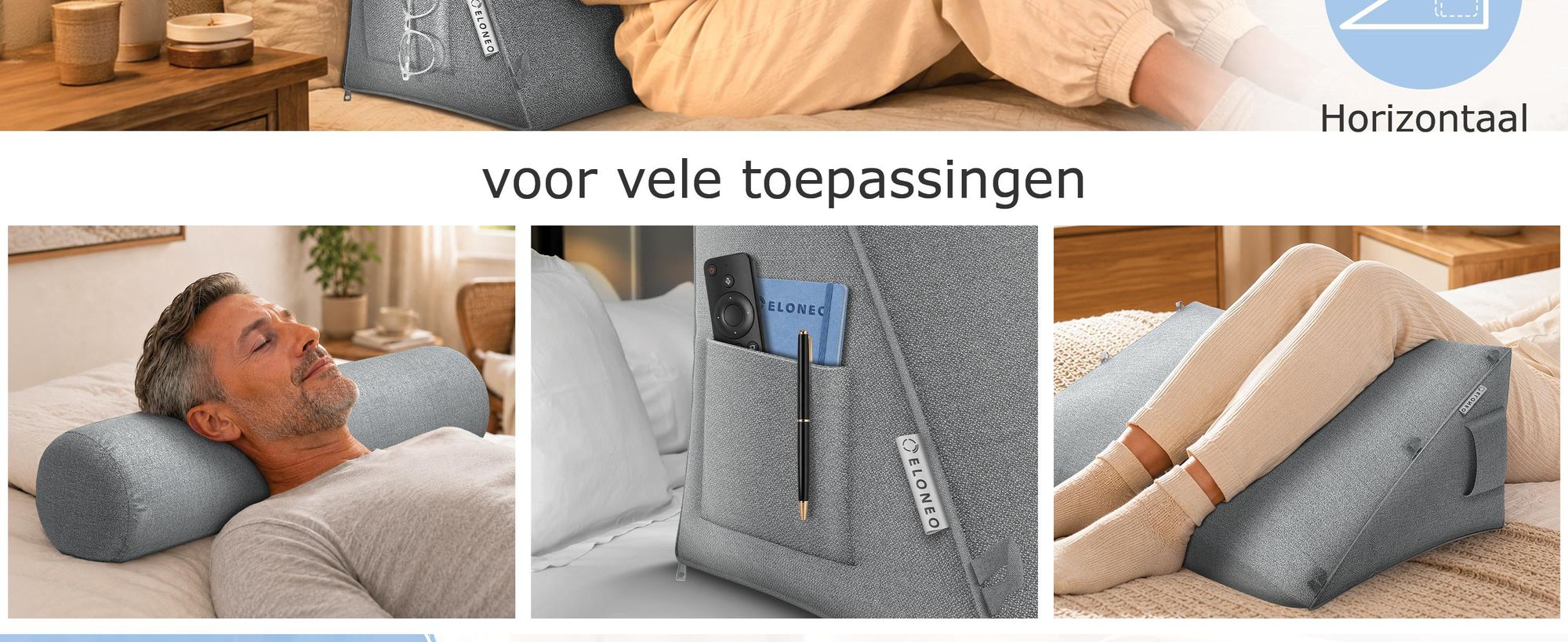 ELONEO rugkussen met afneembaar neksteun en zijvak, rugsteunkussen met wasbare hoes