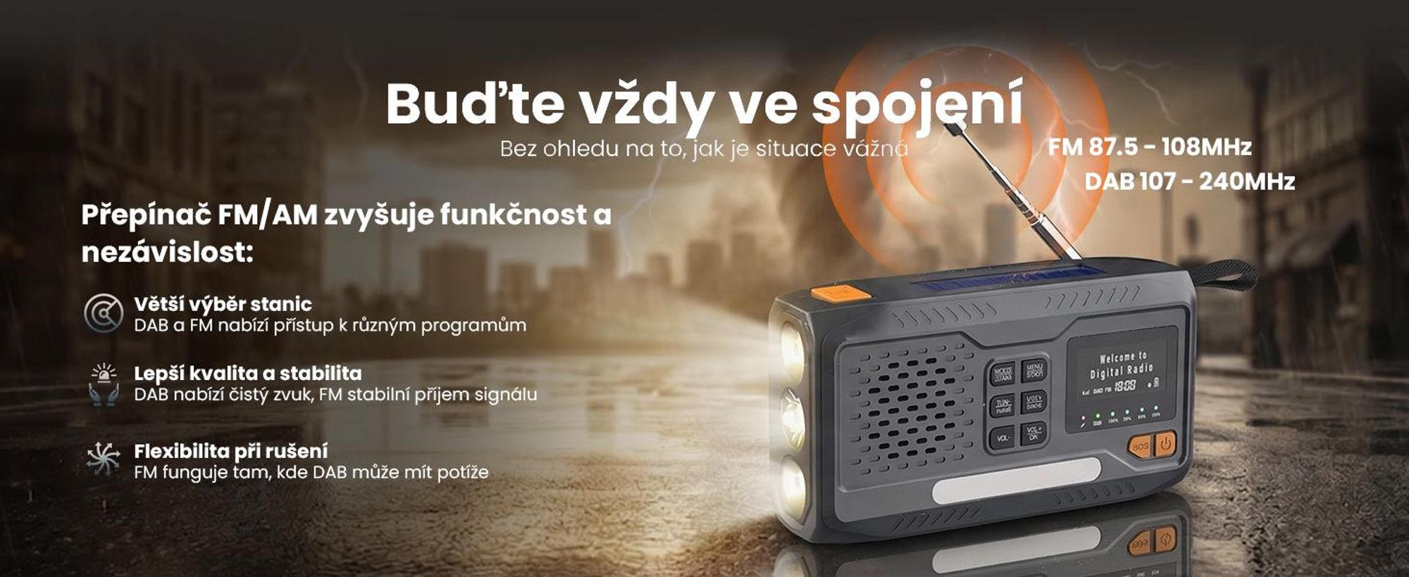 Přenosné rádio Extralink s digitálním rádiem DAB/FM, solární nabídkou, dynamo, baterií 4500 mAh, Bluetooth a funkcí SOS