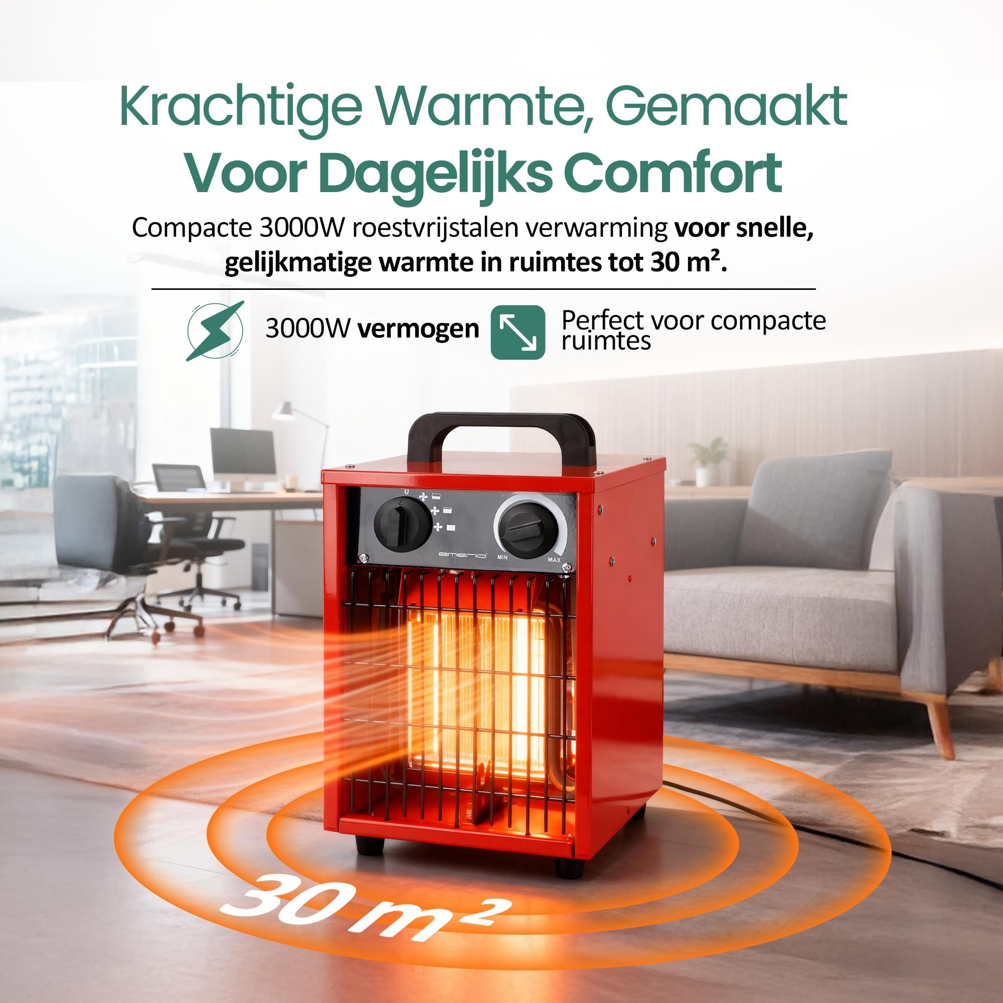 Emerio Ventilatorkachel – tot 30 m² – 3000 W – IP24 – Ventilatiefunctie – Instelbare Thermostaat – 3 Verwarmingsstanden – FH-102990
