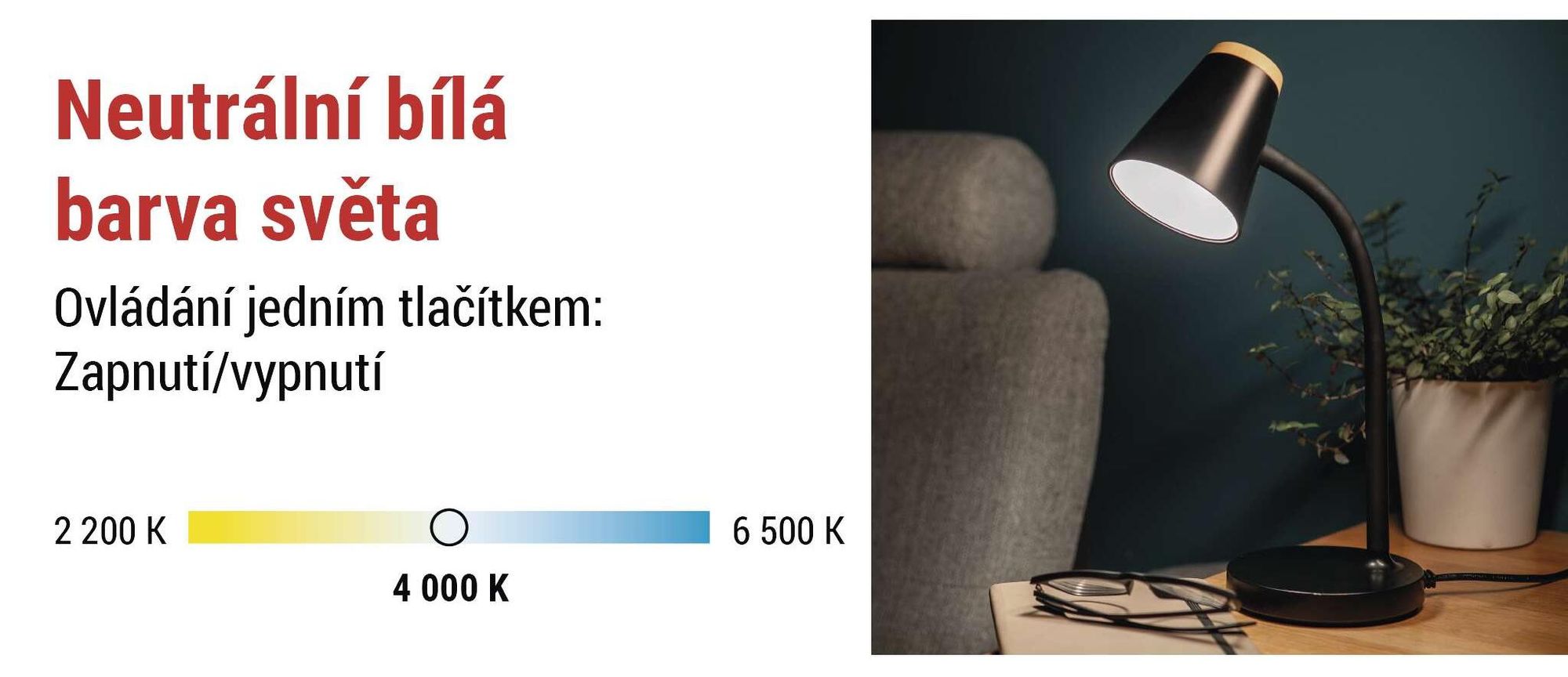 EMOS LED stolní lampa TARA 4,5 W, 280 lm, neutrální bílá 4000K, flexibilní s kabelem 1,6 m, Euro zástrčka, CRI>85, doba svícení 30000h, černá, Z7641B