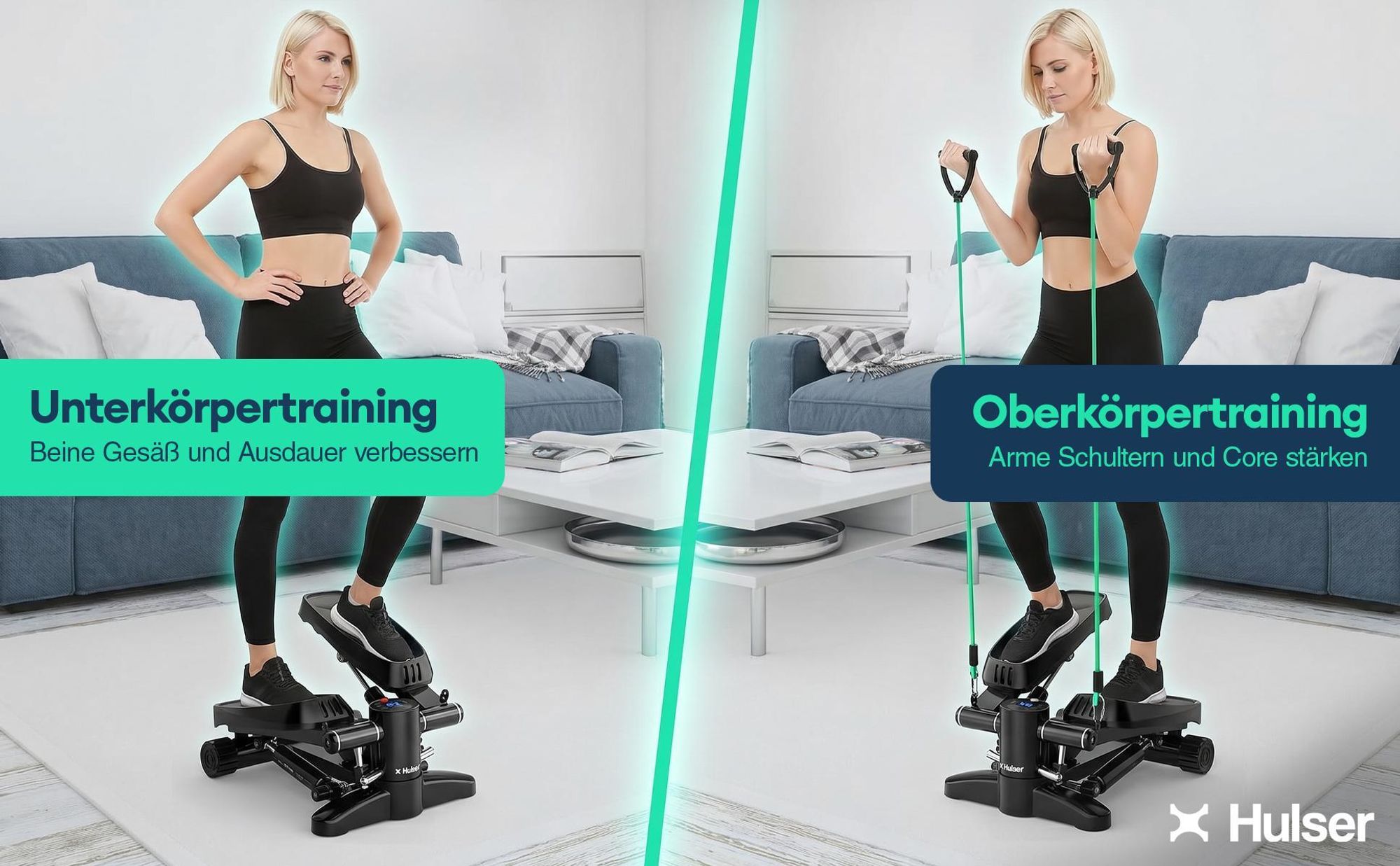 Hulser 2-in-1 Stepper mit Display - Ganzkörpertrainer mit Anpassbarem Widerstandssystem & Mit 12-teiligem Widerstandsband-Set - Widerstandsbändern