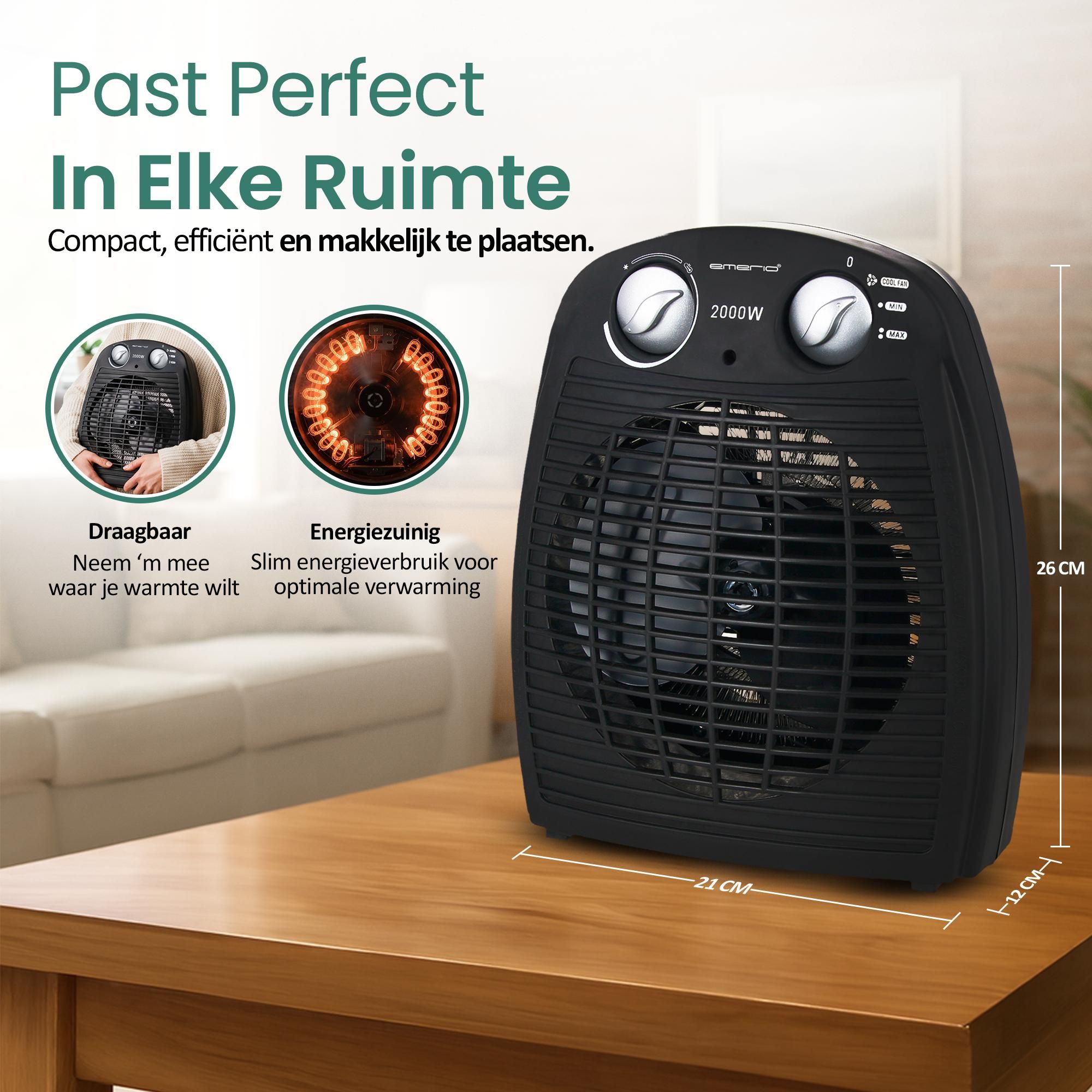Emerio Ventilatorkachel – 25 m² – 2 Standen – Ventilatiefunctie – Instelbare Thermostaat – Indicatielampje – Omvalbeveiliging – Zwart – FH-106737.2
