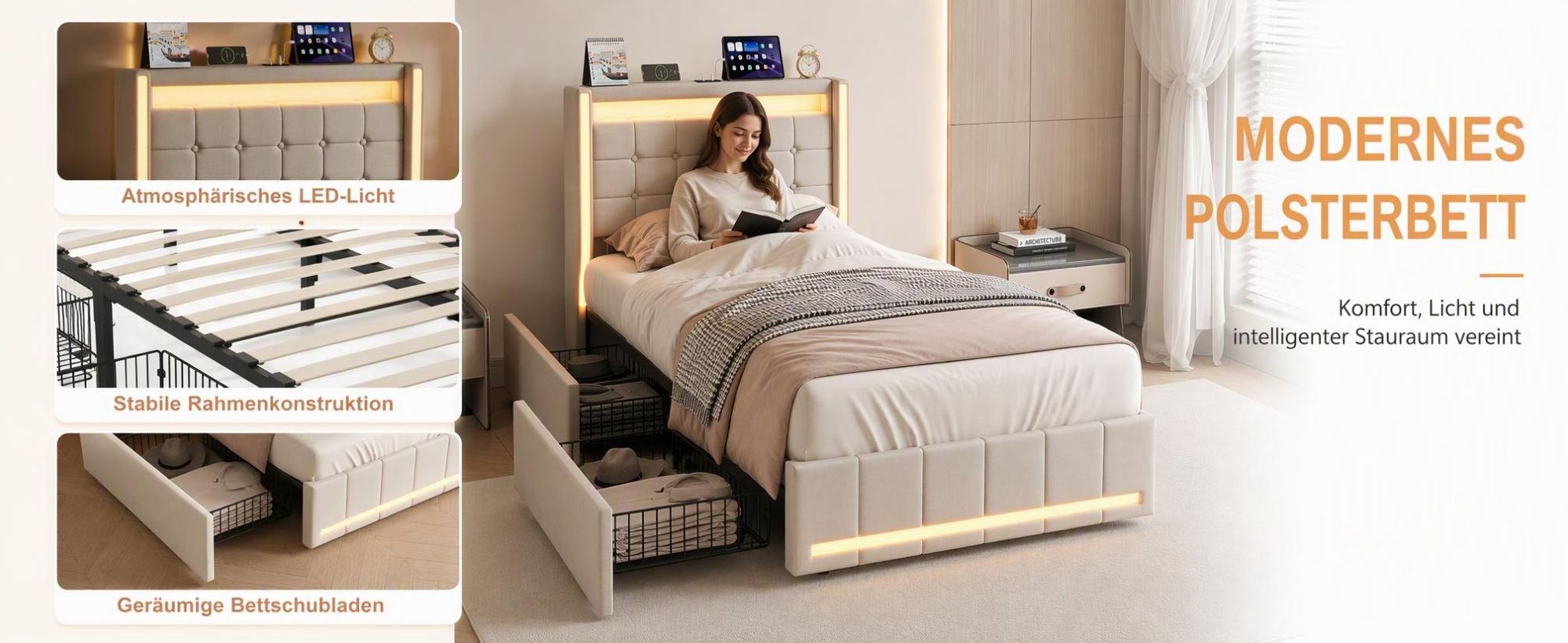 INONEFT Kinderbetten 90x200 mit 2 Schubladen, LED & USB-C – Jugendbett,Polsterbett Einzelbett mit Lattenrost,Funktionsbett Bettgestell,Leinen, Beige