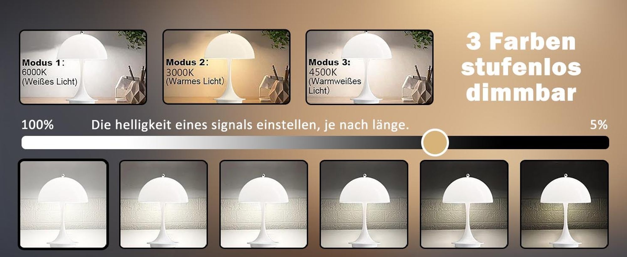 KUGI LED Tischlampe kabellos mit Touch Dimmbare LED Akku,Nachttischlampe,Pilz Tischleuchte USB Aufladbar,Schreibtisch Lampe Acryl
