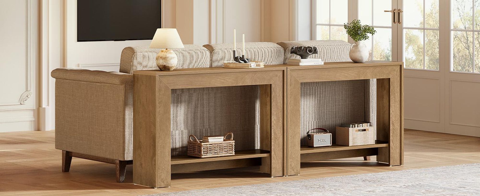 105 cm Landhaus-Konsolentisch, schmaler Flur- und Sofatisch mit zweistufiger offener Ablage für Wohnzimmer, Diele
