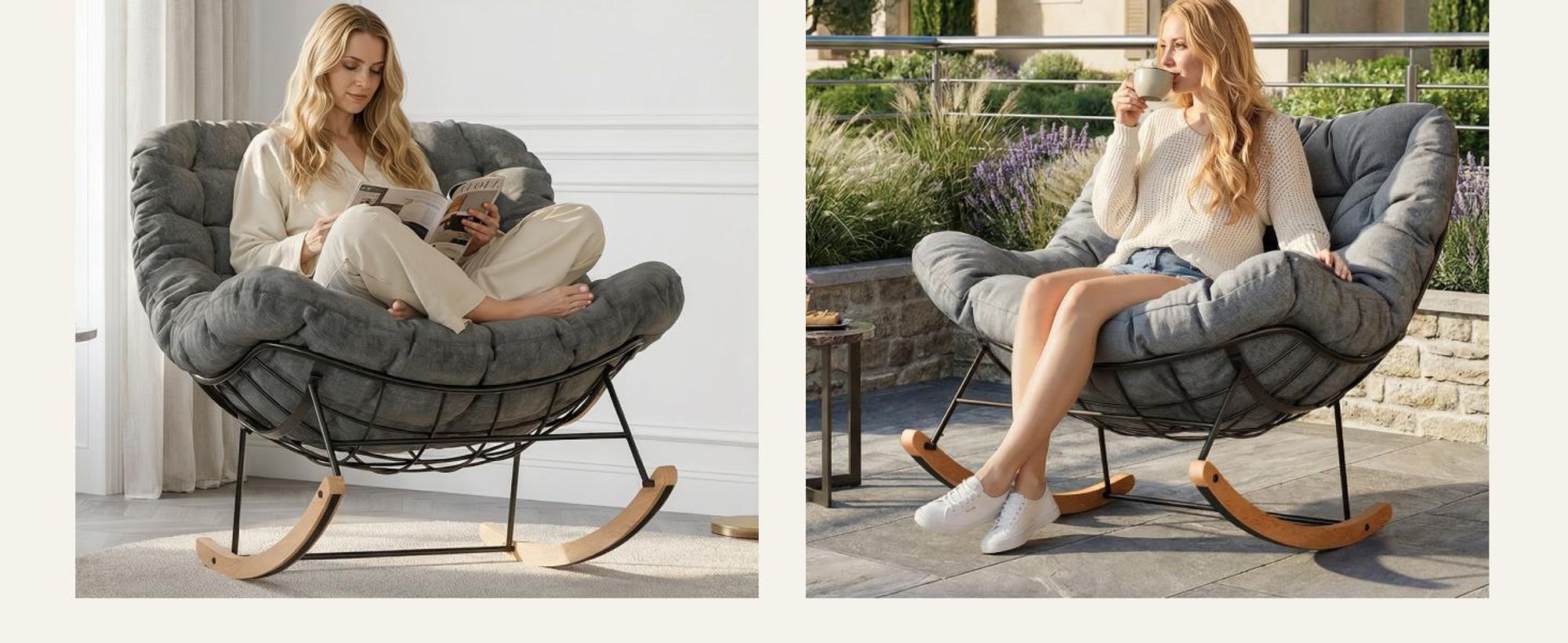 FLEXISPOT Schaukelsessel Outdoor, Gartenliege & Loungesessel mit Kissen, stabilem Metallrahmen, ideal für Balkon, Terrasse, Garten & Wohnzimmer, Grau
