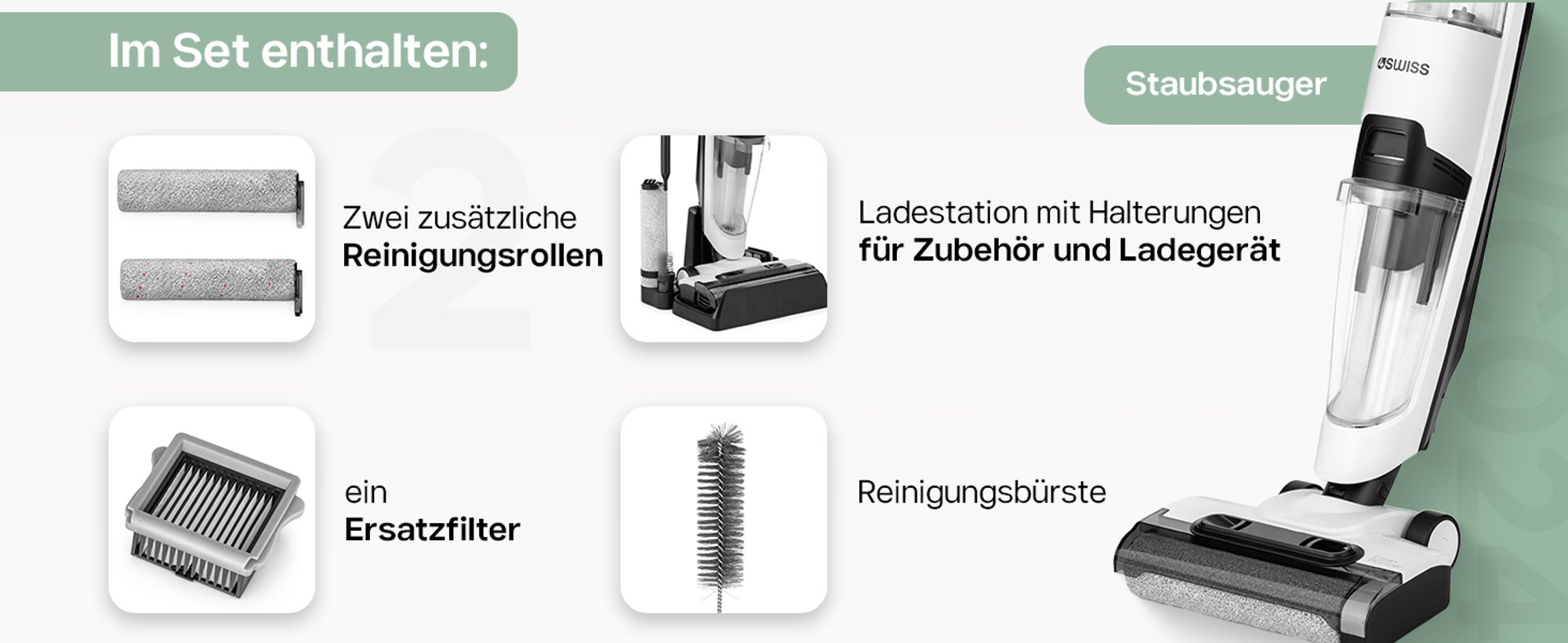 4SWISS Clean Booster Smart Staubsauger, Akku-Staubsauger mit Mop Funktion, Nass & Trockensauger mit Dual-Tank, Selbstreinigungsfunktion, LED Anzeige