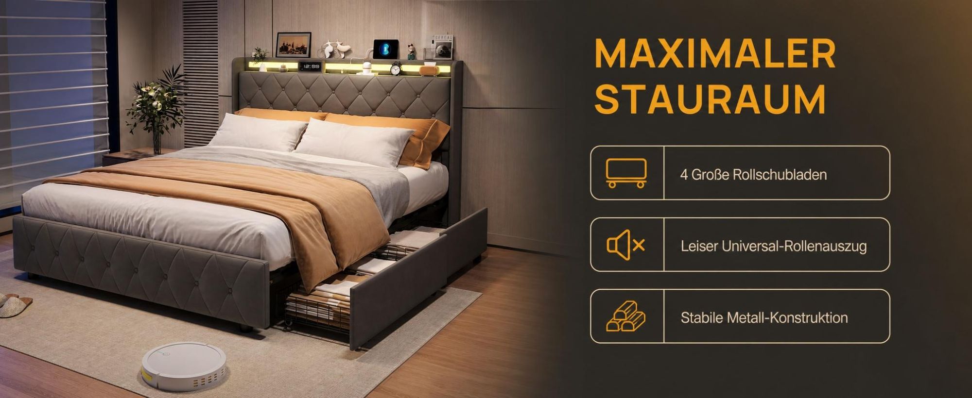 INONEFT Boxspringbett Polsterbett 160x200 mit LED & USB/C,Doppelbett Bett mit 4 Schubladen und Lattenrost,Bettgestell mit Stauraum-Kopfteil,Samt Grau