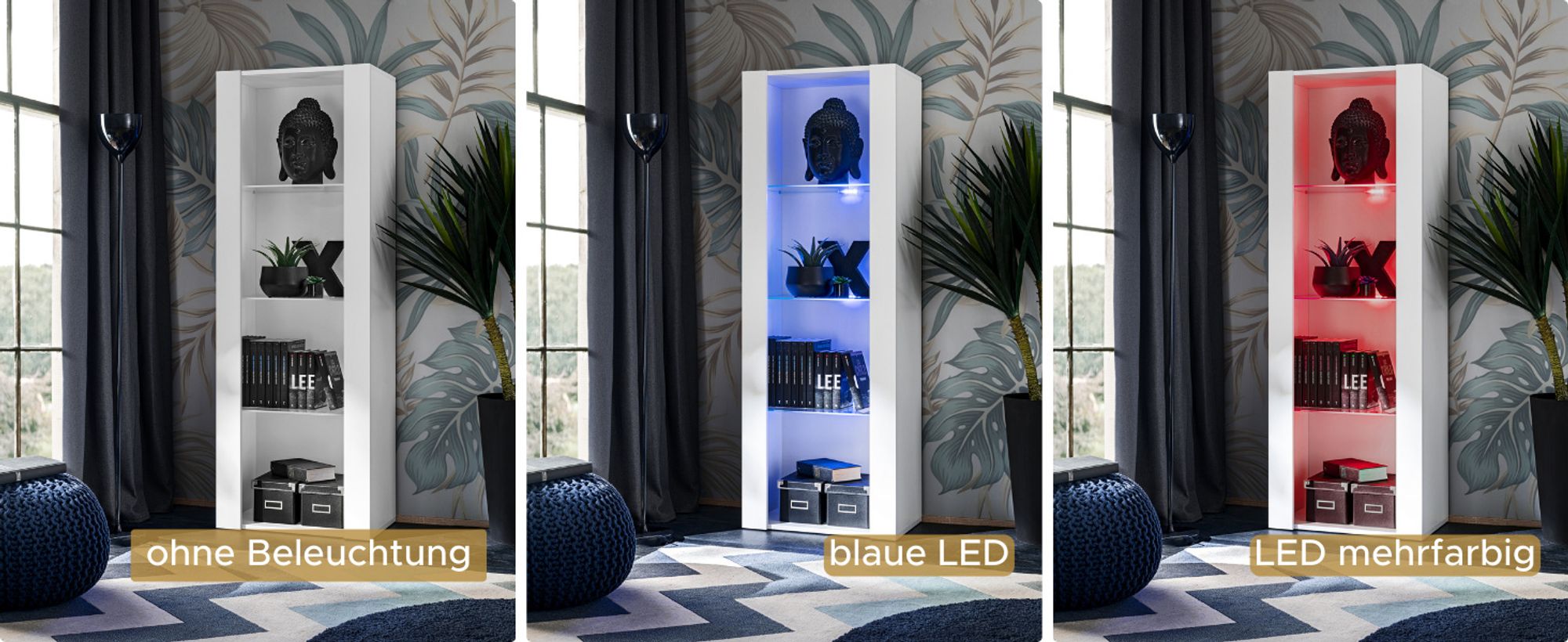 Komodee | Vitrine Schrank Tivoli mit 3 Regalböden, Korpus Weiß Matt Frontfarbe Weiß Matt, ohne LED