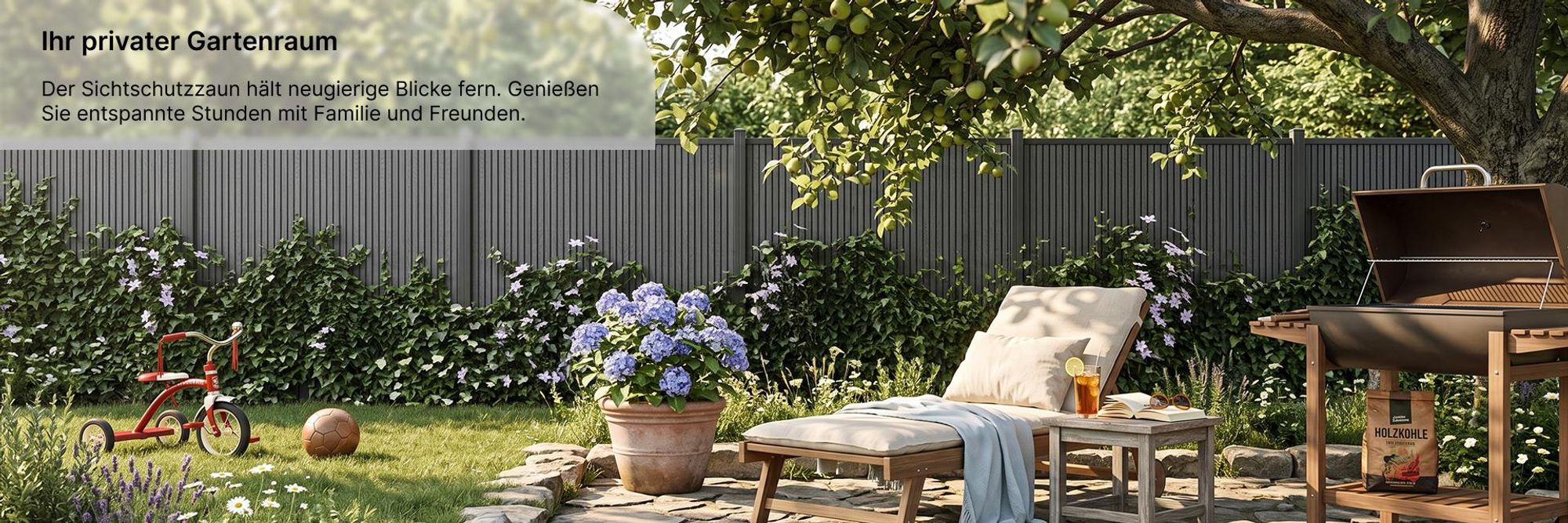 MinteChill WPC Gartenzaun, Sichtschutzzaun Komplettset Anthrazit 526x185cm Alu-Pfosten