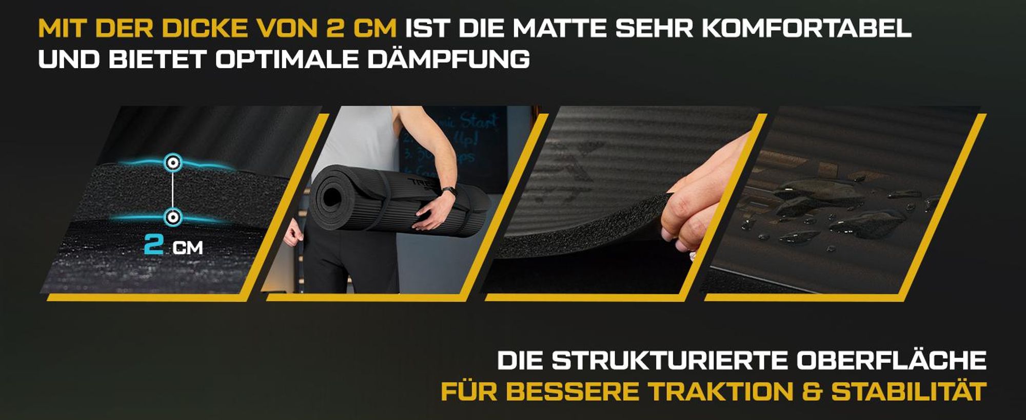 TREX SPORT Gymnastikmatte Fitnessmatte 2cm TX-029NGM | Yogamatte Pilates 190×80×2cm | Trainingsmatte rutschfest, wasserdicht | Sportmatte schwarz