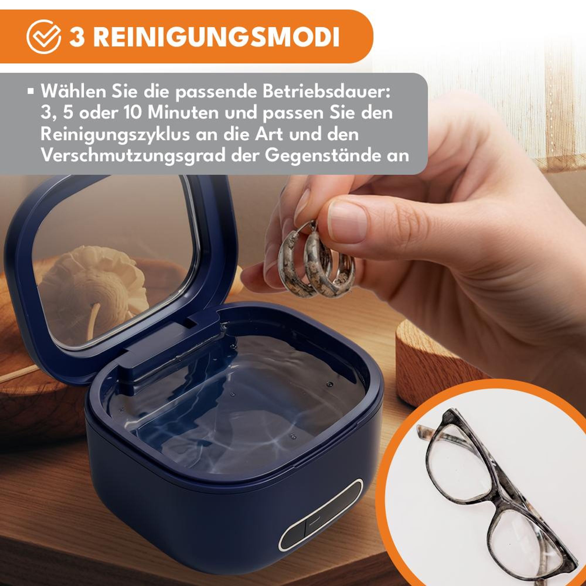 KRUMAD Ultraschallreiniger für Zahnschienen, Ultraschallreinigungsgerät für Retainer, Aligner & Dentalzubehör, 200 ml, Akku, Blau