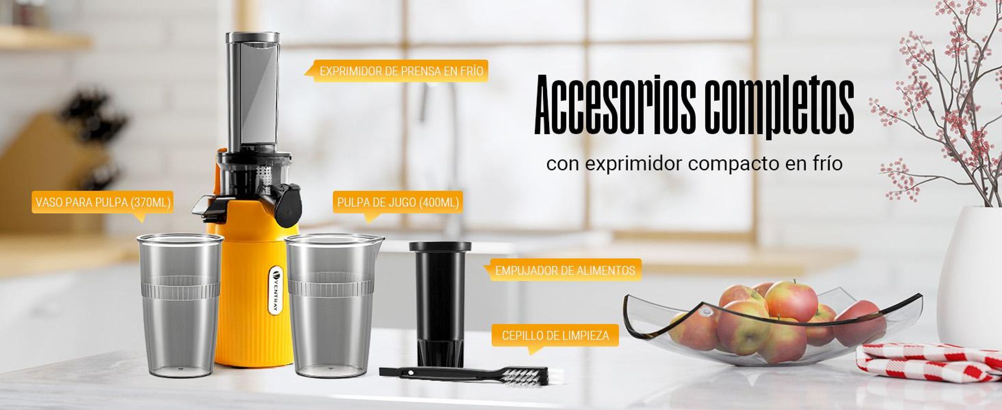 Ventray Ginnie Licuadora Prensado Frío Slow Juicer 60RPM 100W 400ml Compacta - Amarillo