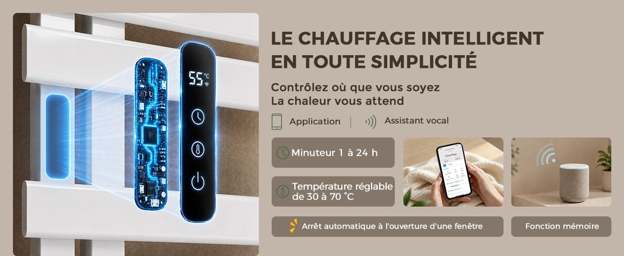 S'AFIELINA Sèche-serviettes électrique avec étagère 1050×500 mm 335 W Blanc,Radiateur sèche-serviettes connecté WiFi, chauffage en fibre de carbone