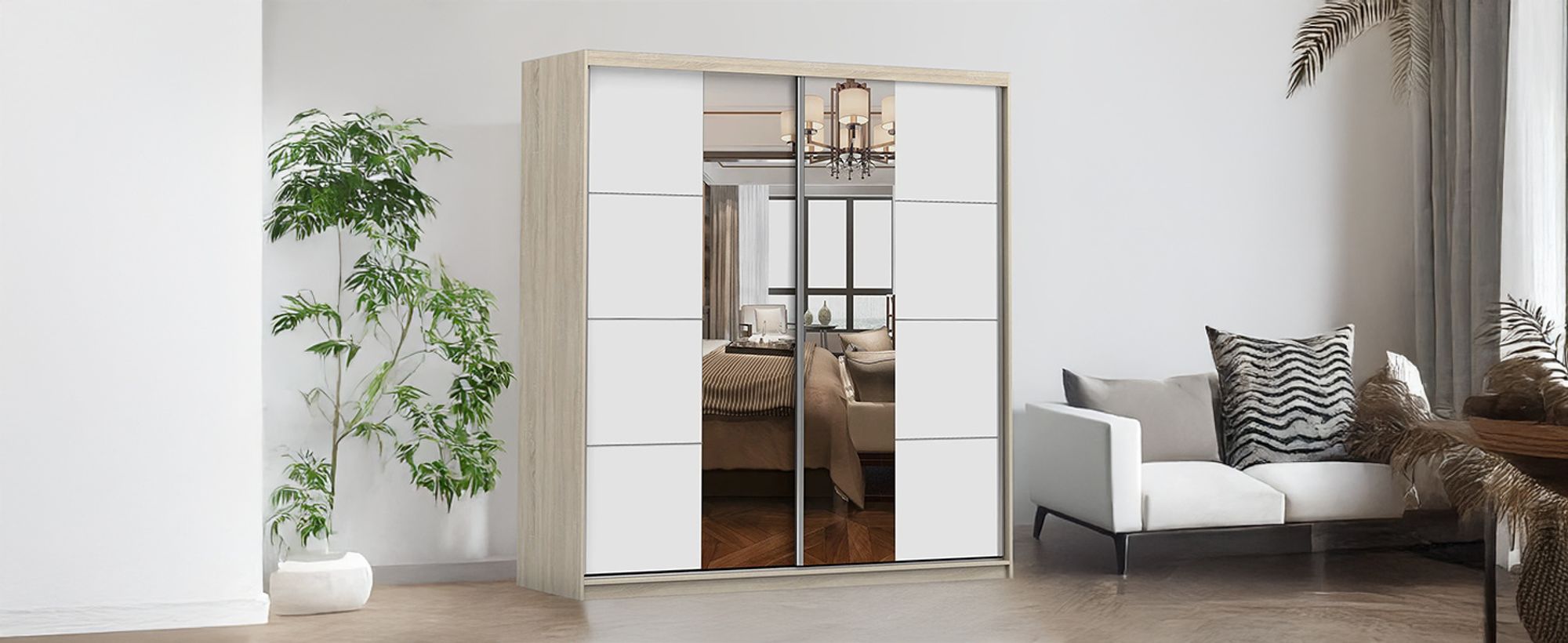 Schwebetürenschrank Kleiderschrank Schrank 203cm Sonoma/Weiß mit Spiegeln und Zierleisten Pola 38
