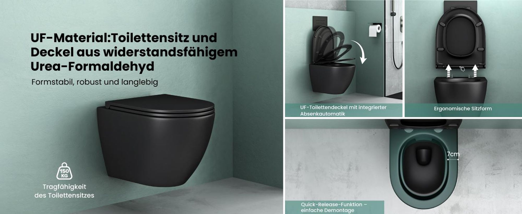 Mai & Mai Hänge WC schwarz matt mit Softclose Sitz  | Wand WC aus keramik spülrandloses WC BTH: 36x50x36cm Aachen179