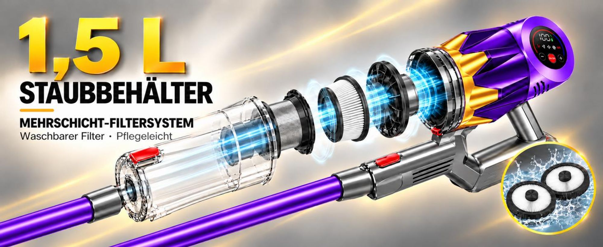 80000Pa Akku-Staubsauger 750W/80 Min., kabelloser Hand- und Stielstaubsauger, ultraleise, Smart-Display, leicht, Anti-Verwicklung für Tierhaare & Auto