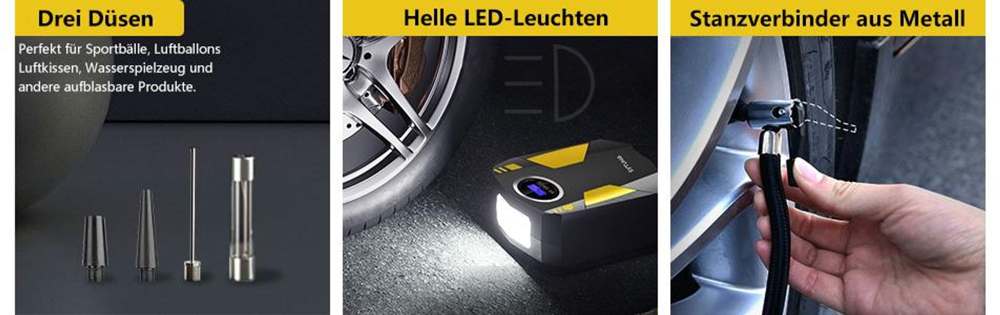 Luftkompressor Autoreifen 12V Netz, 10,3Bar Elektrische Luftpump, Digitaler Anzeige, LED-Leuchte Mini-Kompressor für Auto Fahrrad Bälle 4 Ventile