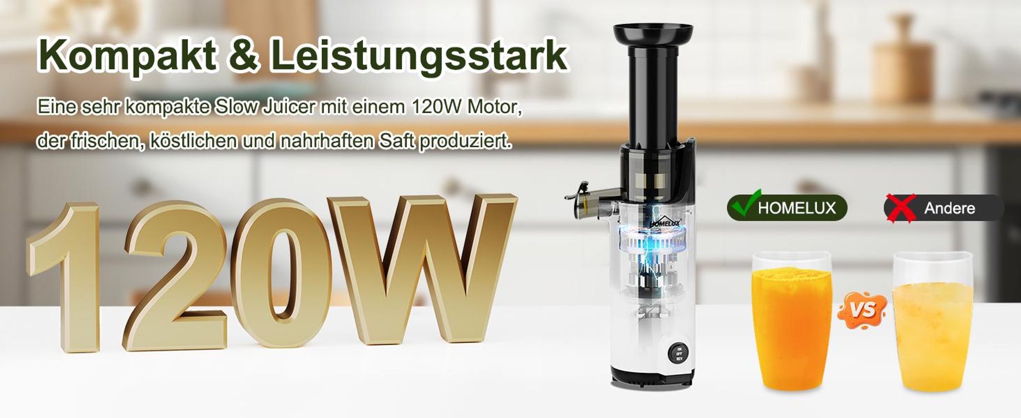 HOMELUX Slow Juicer Kleiner Entsafter Sicherheitsverriegelung, Mini, kompakt , 120 W , Geräuscharm, mit 2 Tassen, Reinigungsbürste, Grau