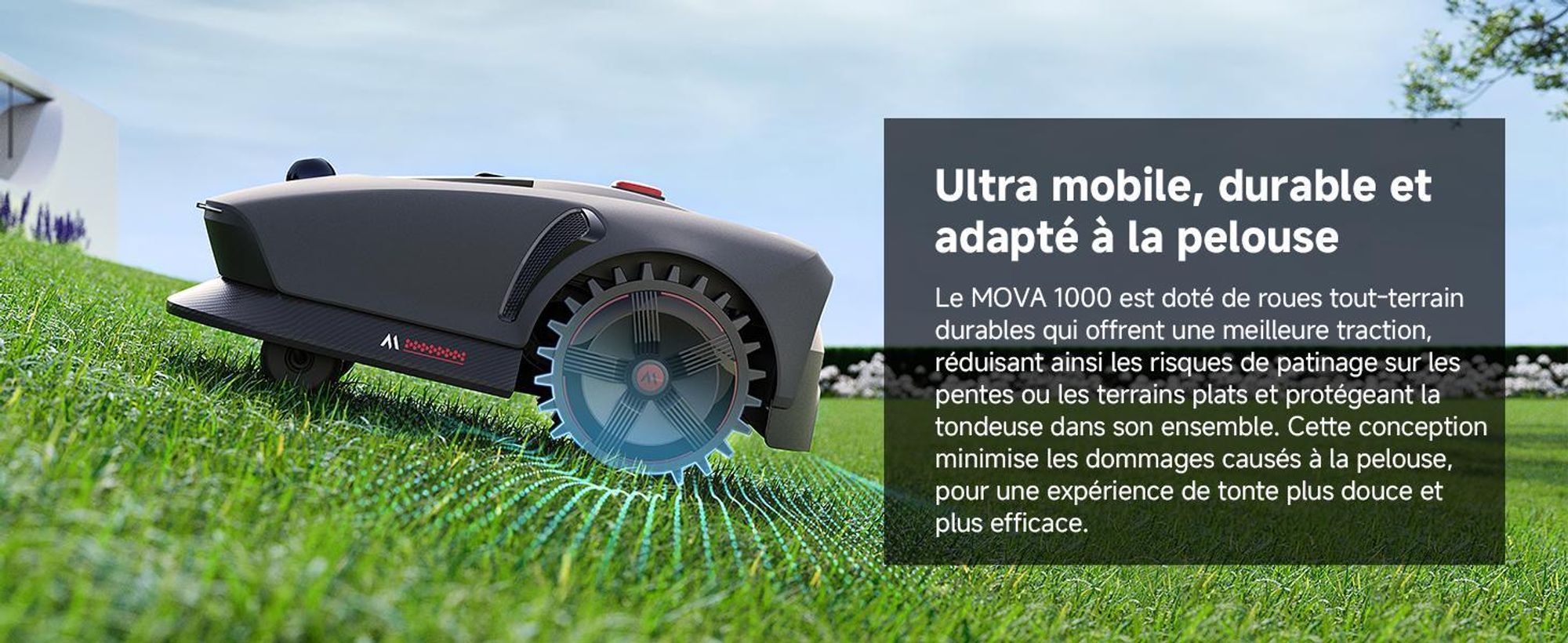 MOVA 1000 Robot Tondeuse 3D-LiDAR jusqu'à 1000 m², installation sans fil, évitement intelligent, App contrôle, roues tout-terrain, coupe en U