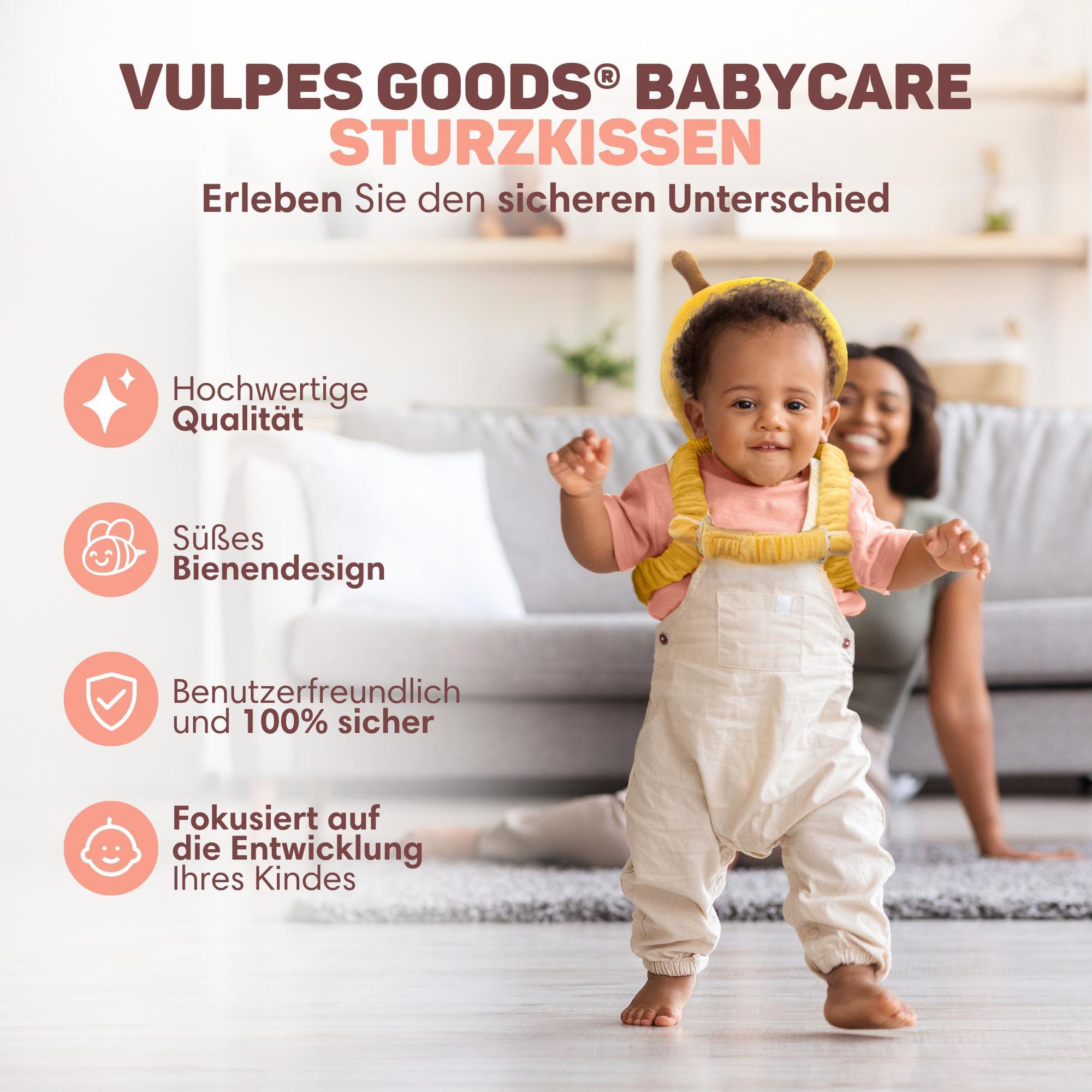 Vulpes Goods Baby Kopfschutz, Fallschutz-Rucksack für Kinder, 3D Bienenform, Kopf-Rückenprotektor Kleinkinder, sicher Krabbeln & Gehen lernen
