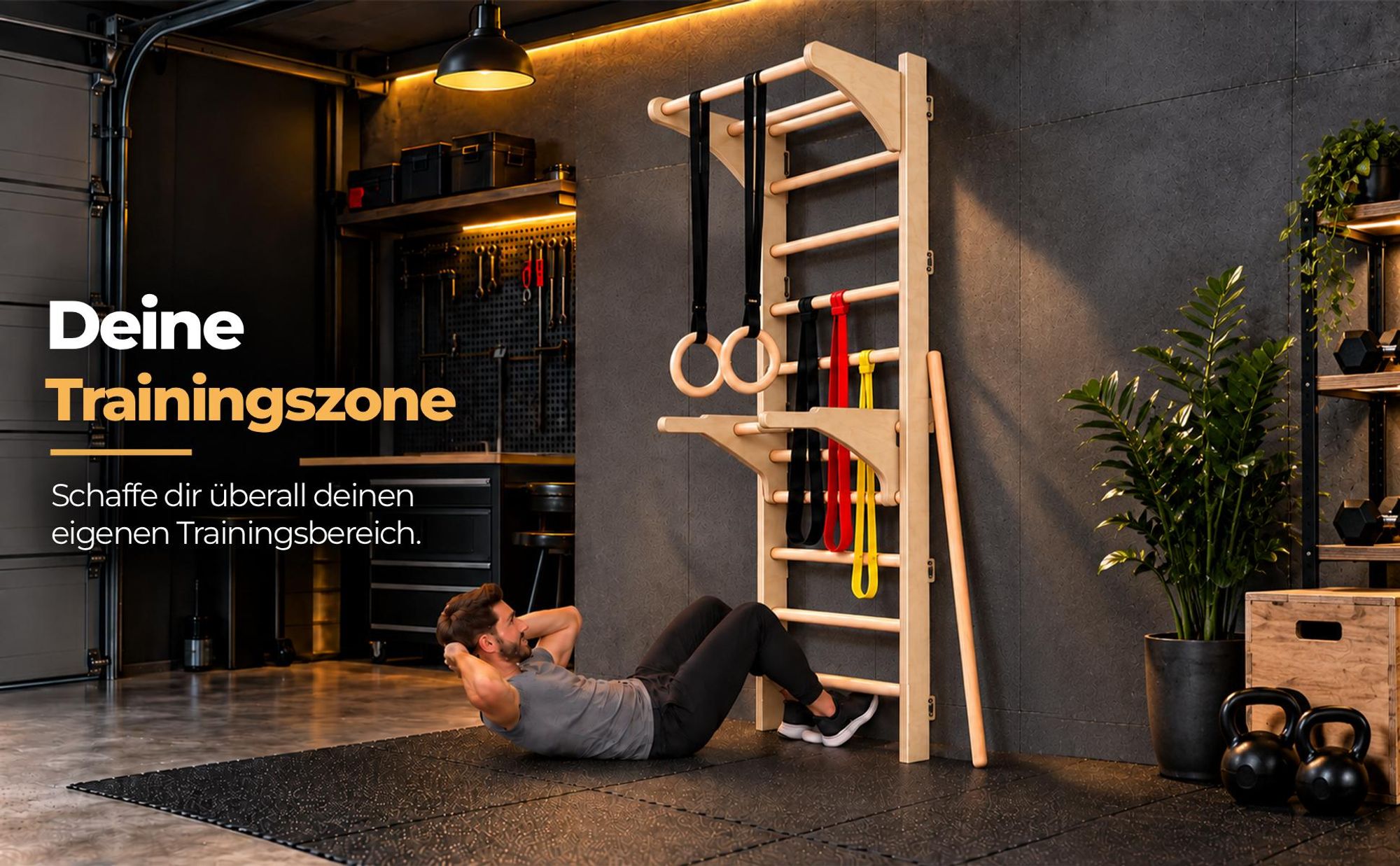 MAMOI® Fitness-Sprossenwand mit Klimmgriff, Ringo, Dip-Barren, Widerstandsbändern und Dehnstab; Ganzkörpertraining zu Hause