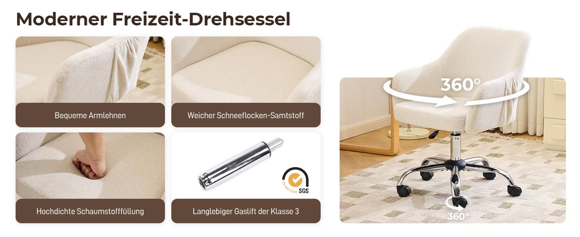 Schreibtischstuhl mit Armlehnen, Drehstuhl mit Rollen, Bürodrehstuhl, Polsterstuhl , Elfenbein