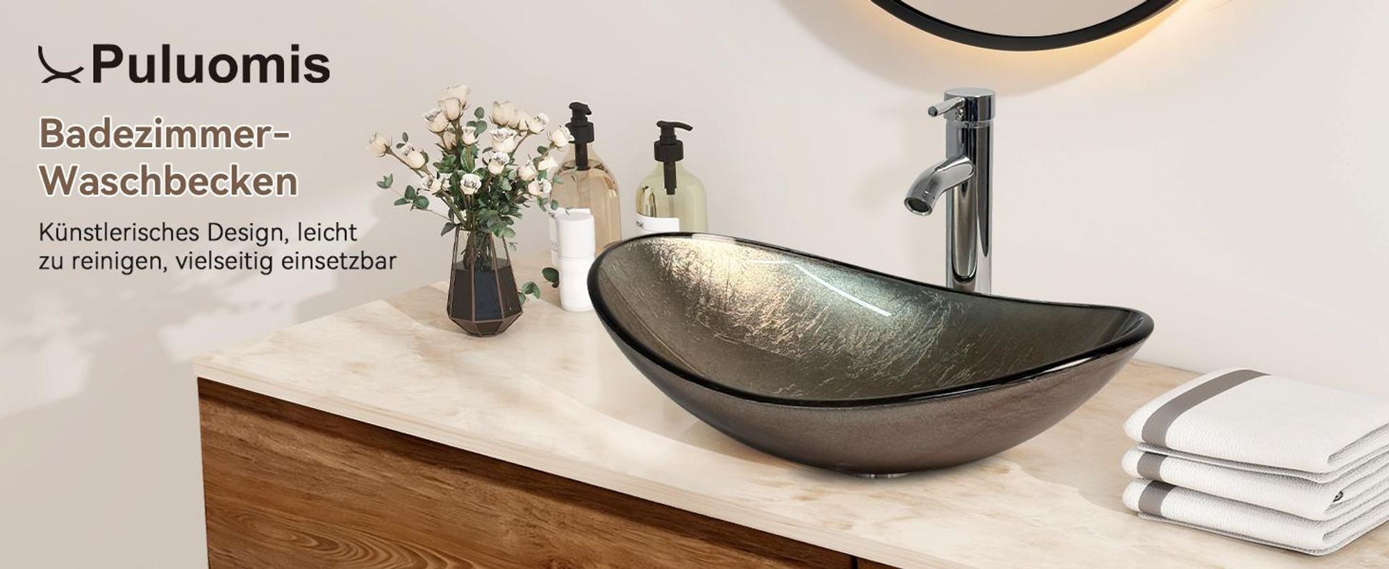 Puluomis Waschbecken Glas Aufsatzwaschbecken Waschschale Oval mit Wasserhahn Ablaufgarnitur Champagner