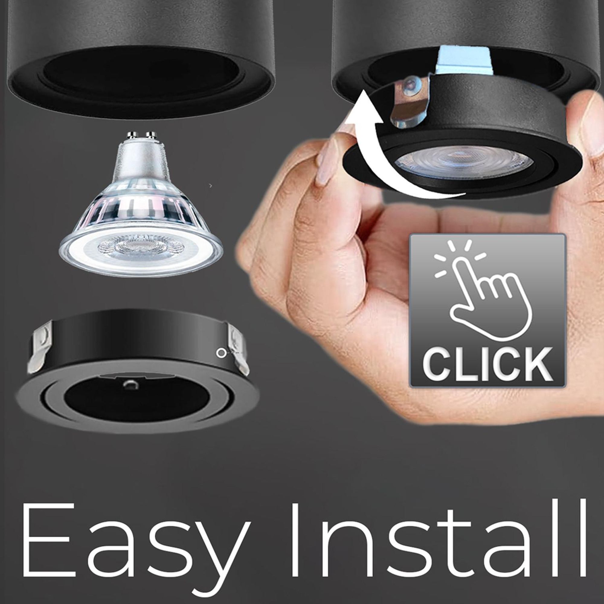 Deckenaufbauleuchte mit GU10 Fassung für LED & Halogen Leuchtmittel bis 40W Aufputz Schwenkbar Aluminium Schwarz, 1 Stück Rund