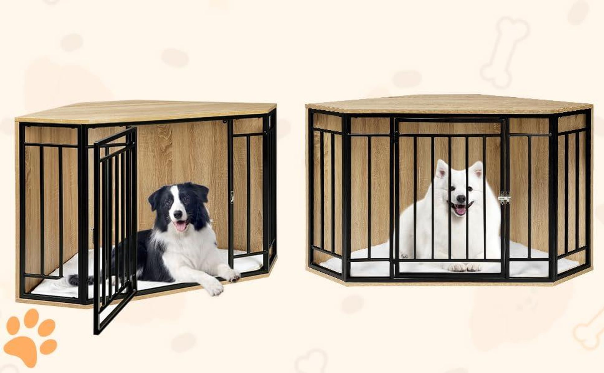 EUGAD Ecke-Hundekäfig mit Tür für Zuhause, Helle Eiche + Schwarz 111x67x60 cm