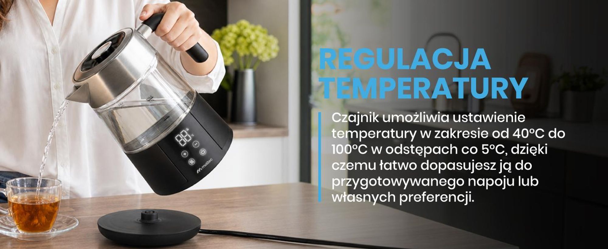 Szklany czajnik elektryczny o pojemności 1700ml i mocy 2200W z funkcją trzymania temperatury