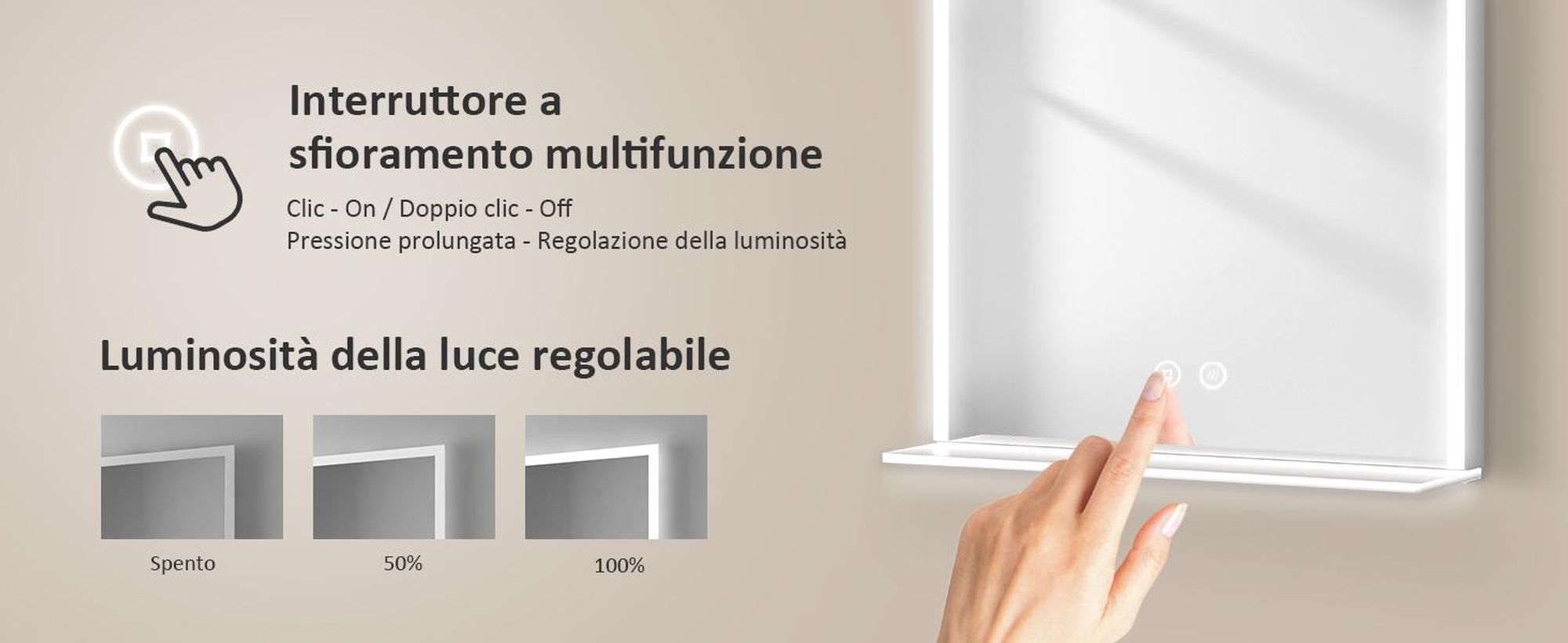 Specchio da bagno EMKE 80x60cm Illuminazione a LED con mensola Specchio da bagno orizzontale Interruttore touch 6500K Specchio orizzontale senza nebbia Touch bianco freddo