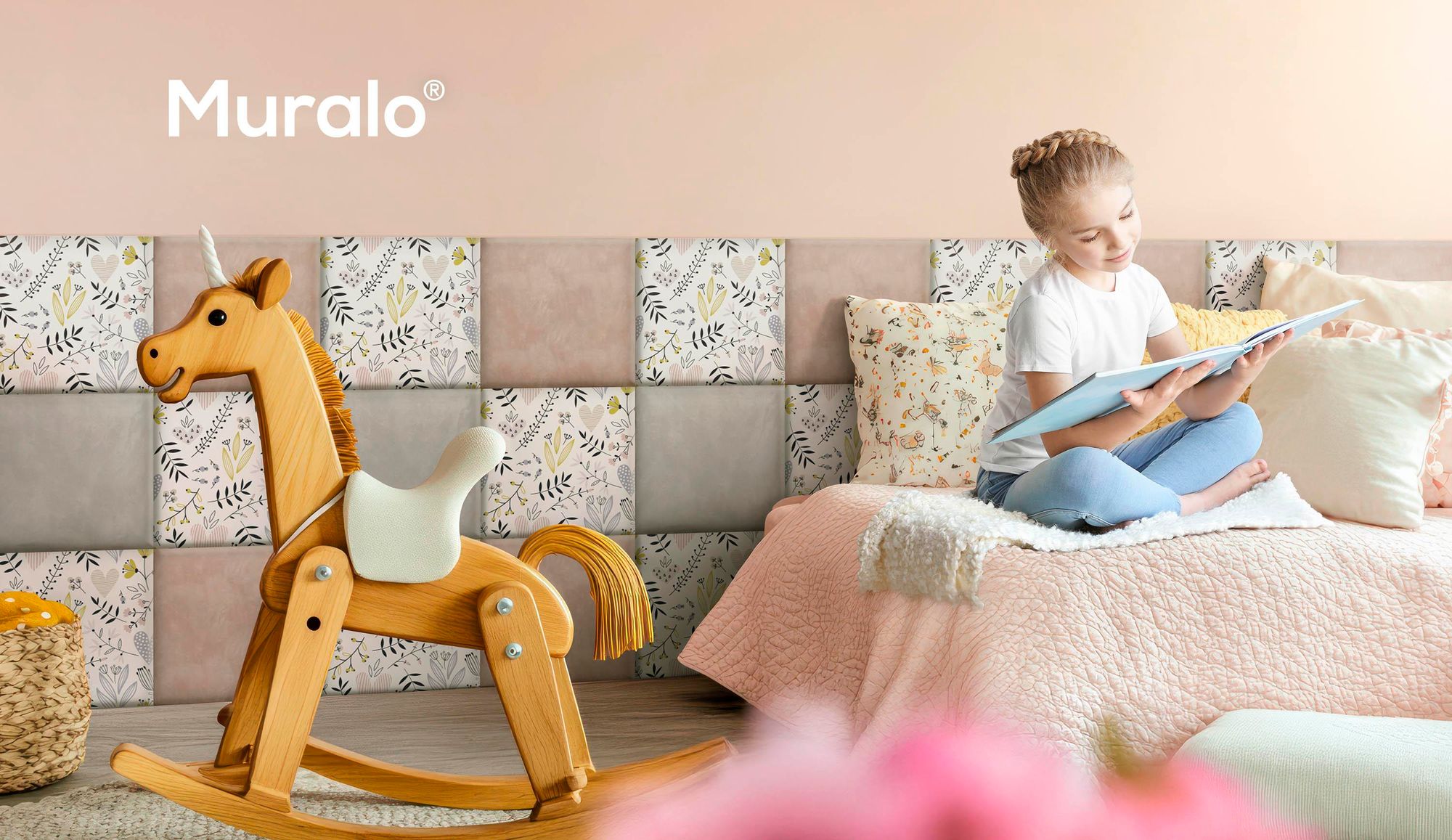 Muralo Čalúnený panel s potlačou pre deti ČALÚNENÝ PANEL 30x30 Panelová podložka na stenu BLUMEN srdiečka listy Dekorácia na stenu do detskej izby