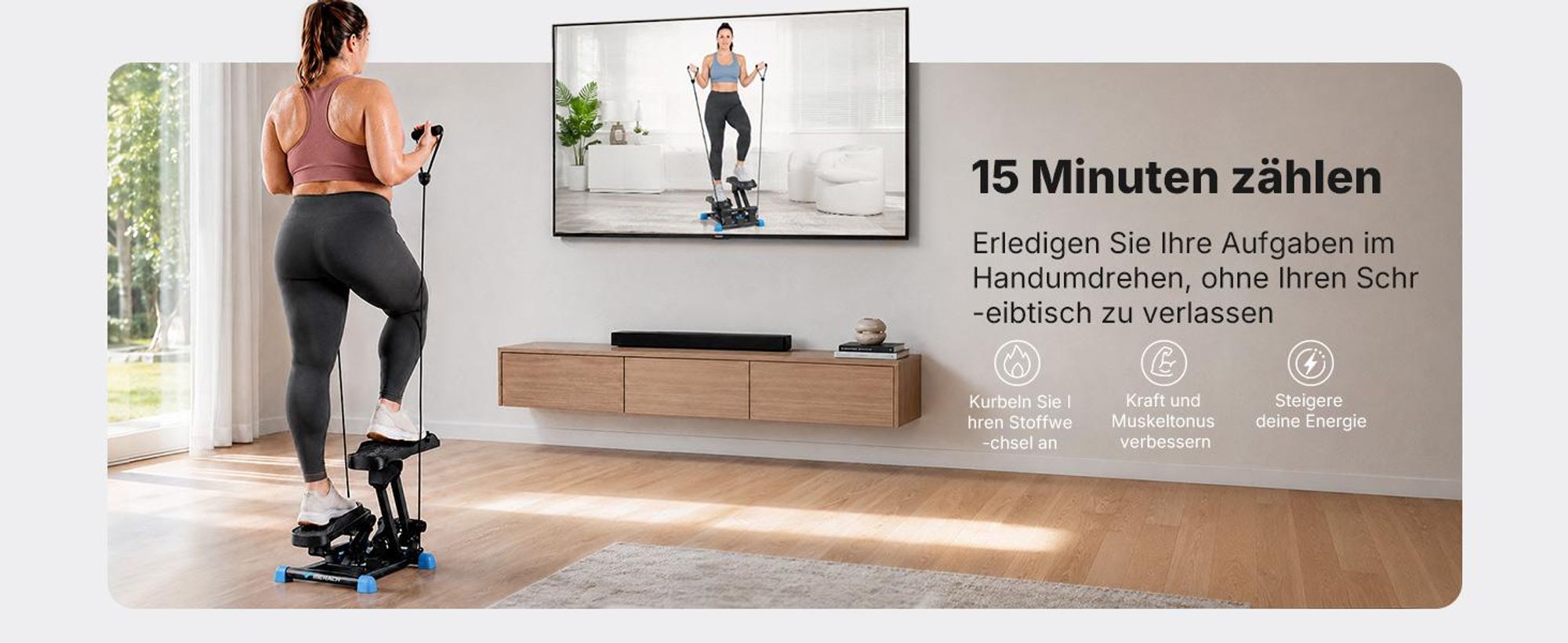 MERACH 3-in-1 Mini Stepper mit LCD-Display und Widerstandsbändern – großer 155-mm-Schritt, leise Stoßdämpfung, Ganzkörpertrainer bis 150 kg, schwarz